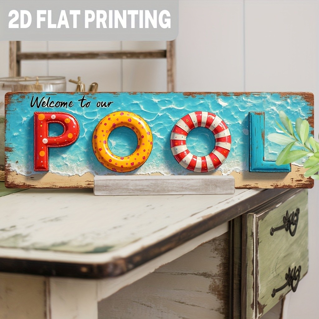 Metal Sign Vintage Pool Welcome Swim Ring Design Rustic Poolside Backyard Decor