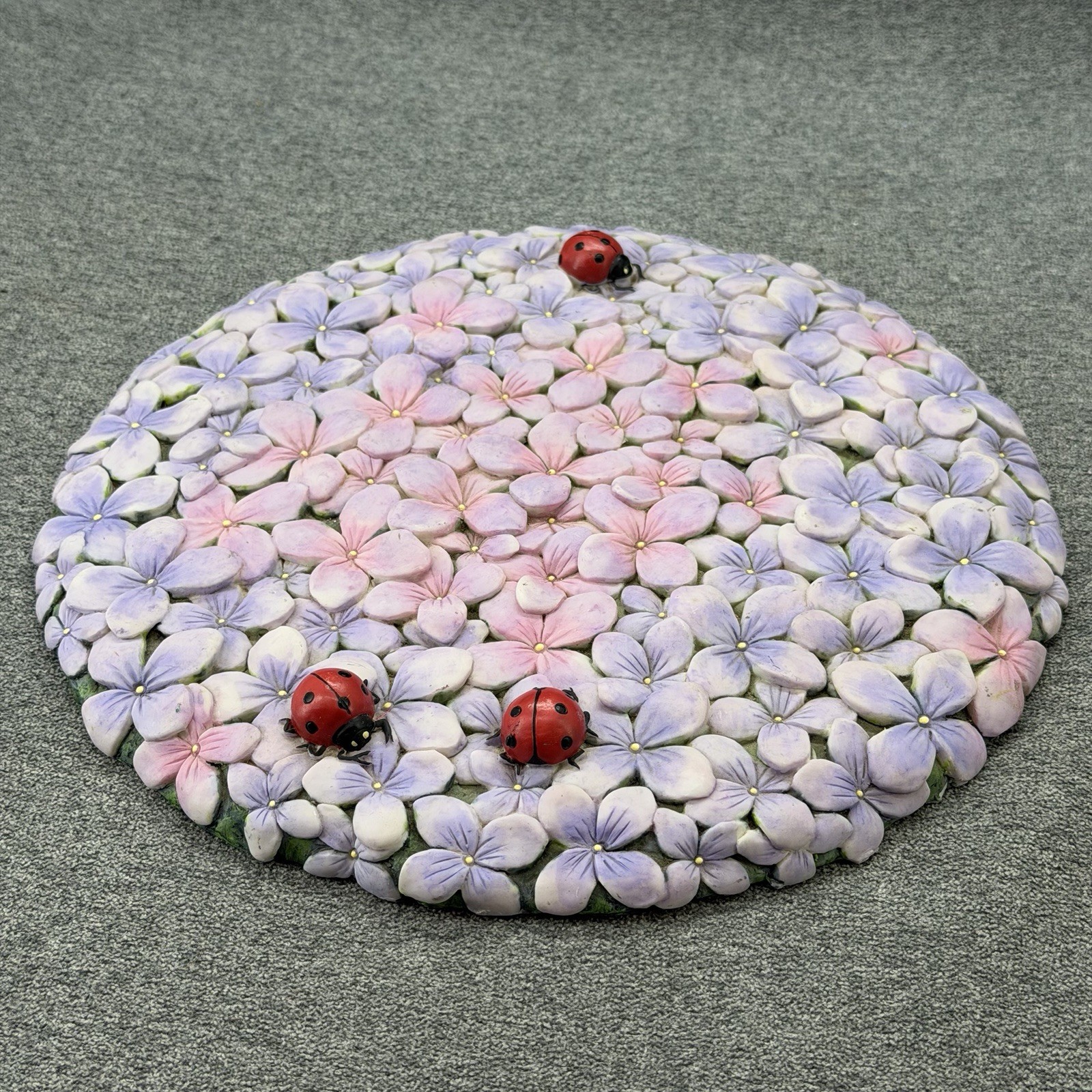 Vintage Hydrangea Flower Mosaic Stone Plaque 9″ Round Wall Hanging Ladybug Cut