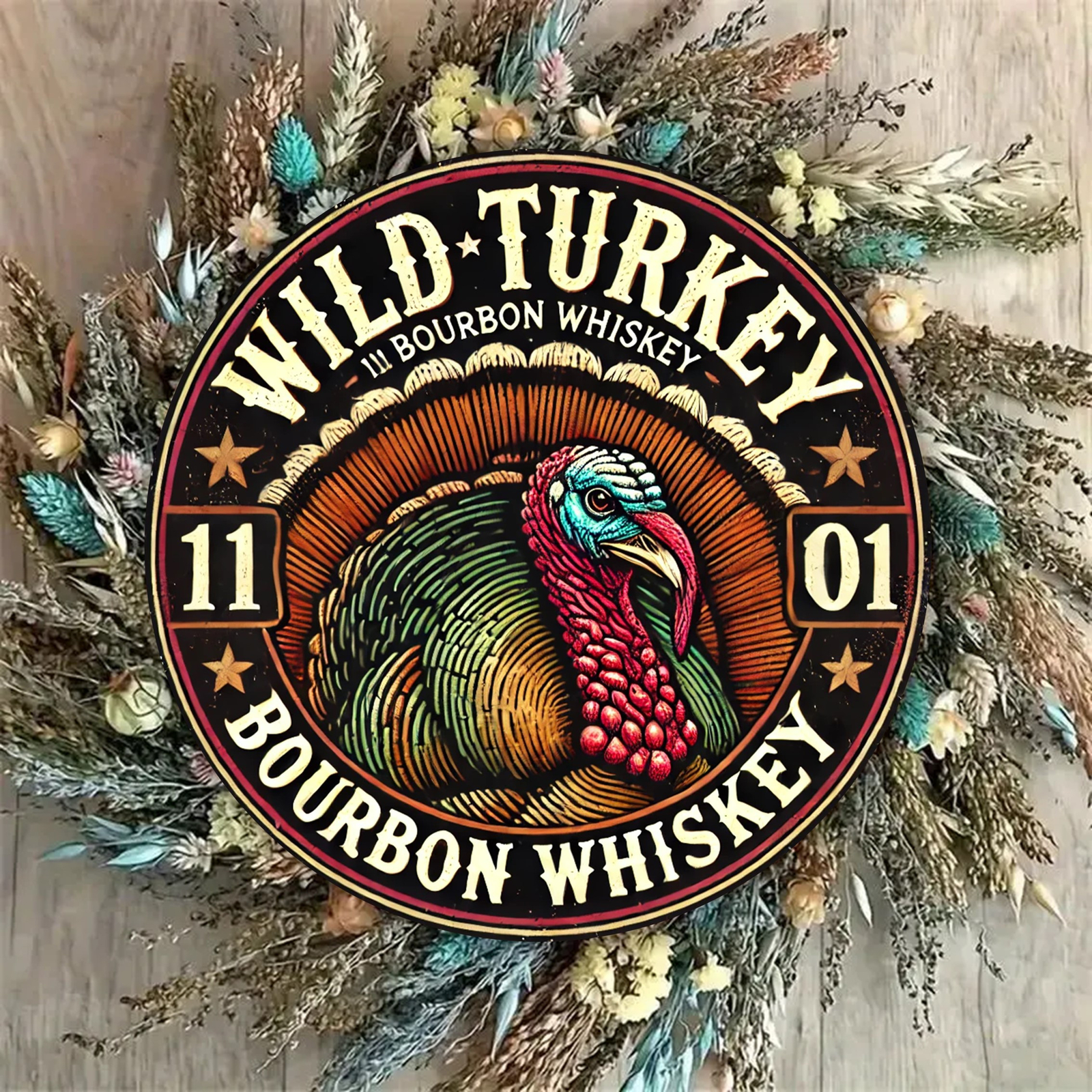 [2D Flat] Wild Turkey Bourbon Whiskey Themed Round Tin Metal Signs – 8×8 Inch Al