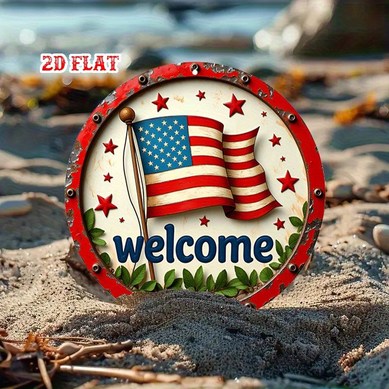 2D Flat Round Aluminum Metal Tin Sign Stars Stripes Metal Tin Sign Wall Decor♪
