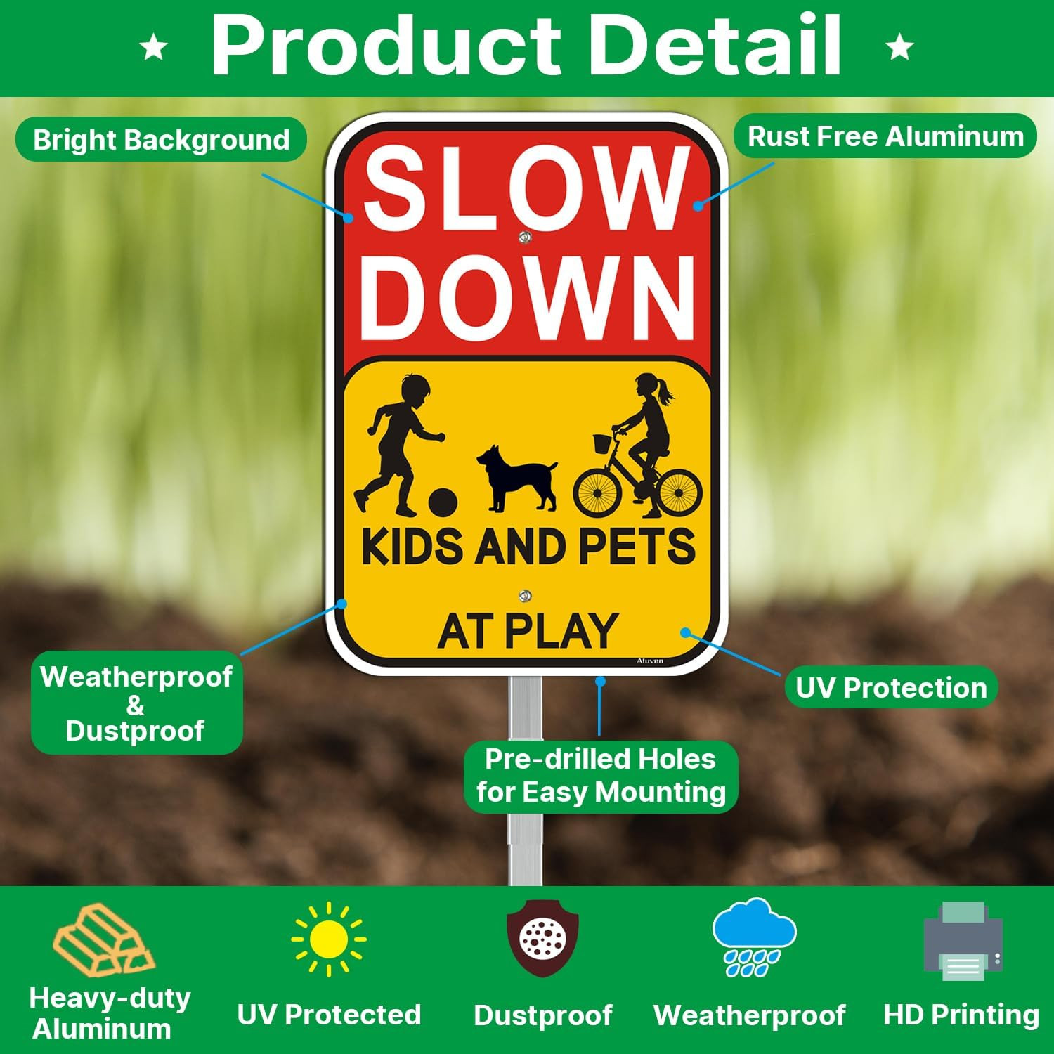 Slow Down Kids Pets At Play Sign w Stake Aluminum Safety Yard Sign 2 Pack 14×10