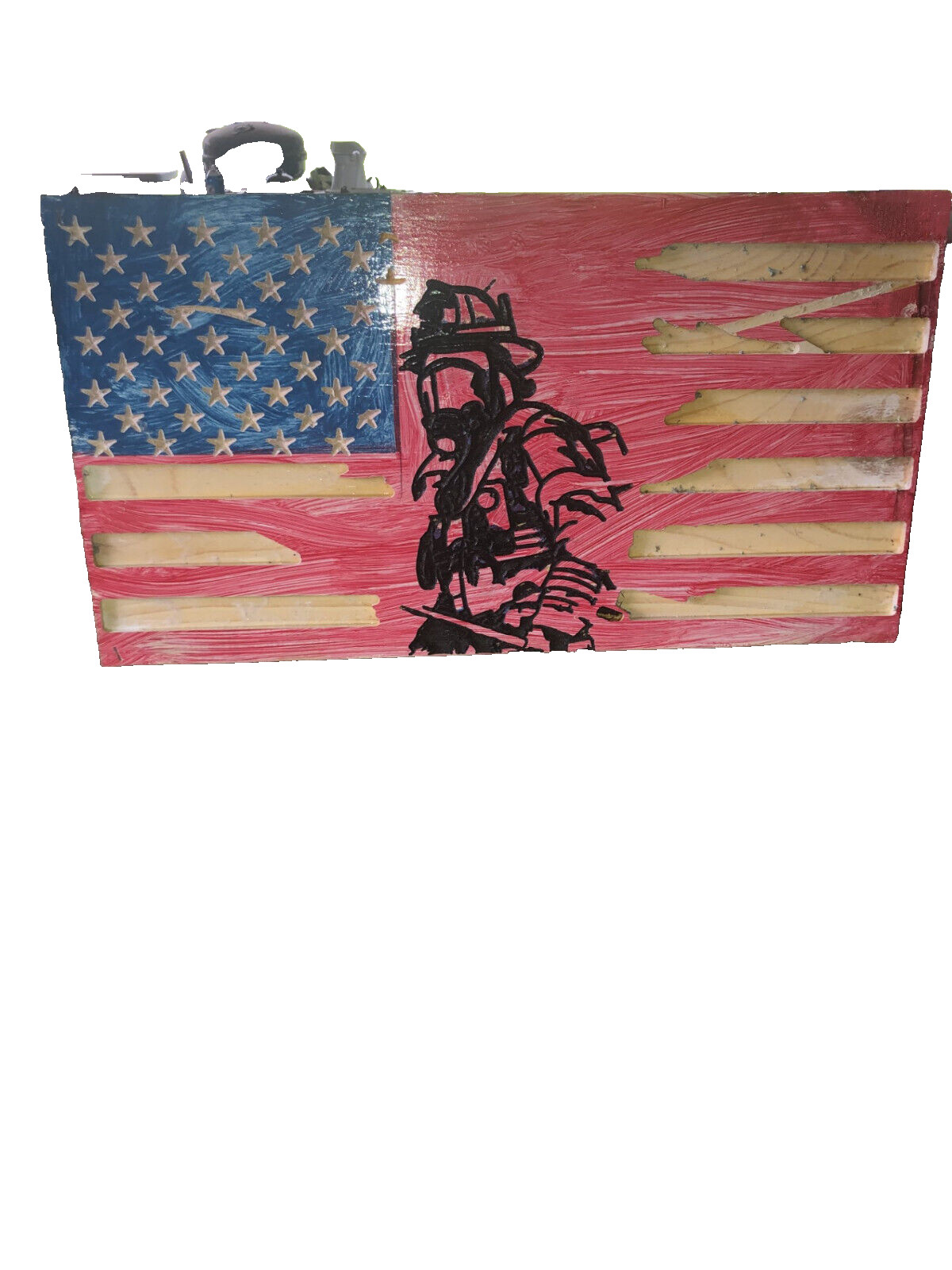 american us flagwith fireman silhouette in black red,white blue 11×21