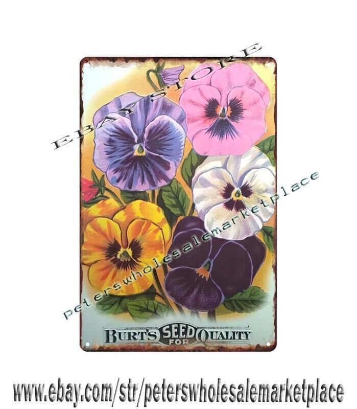 Burt’s Seed Quality pansy flower metal tin sign decorating your bedroom