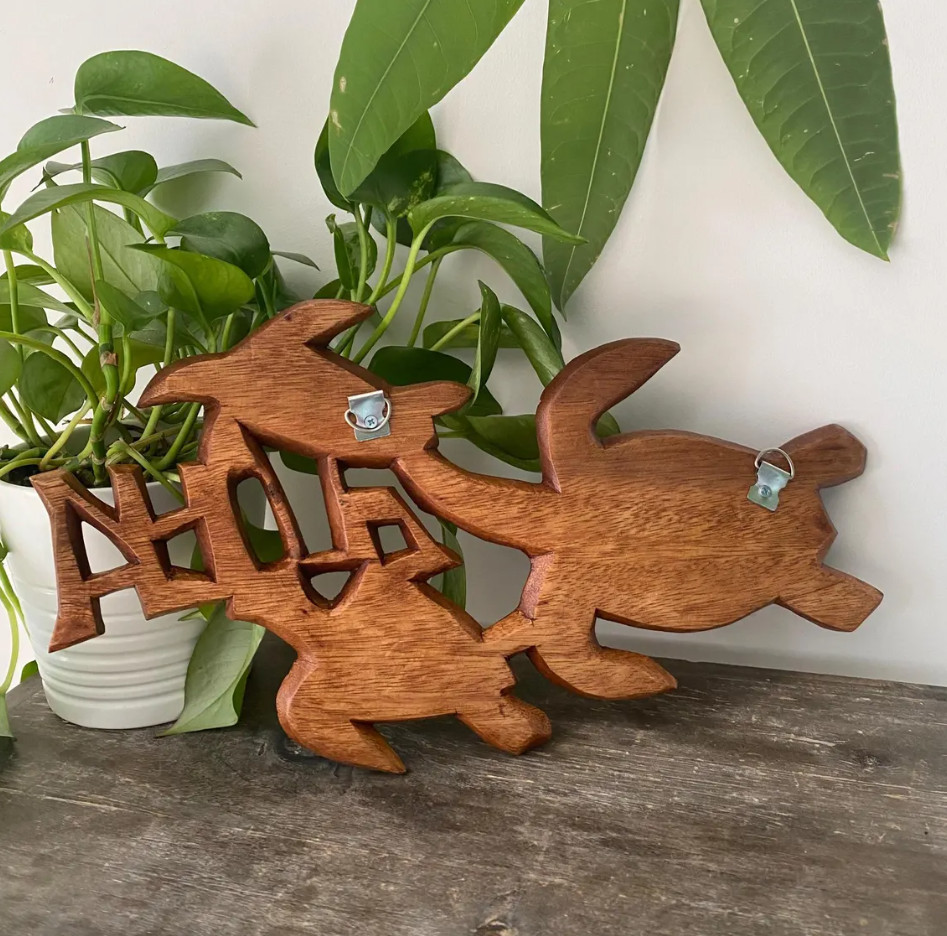 Hawaiian Hand Made Wall Hanging Decor Wood Carving Sign Turtle Honu Family ALOHA
