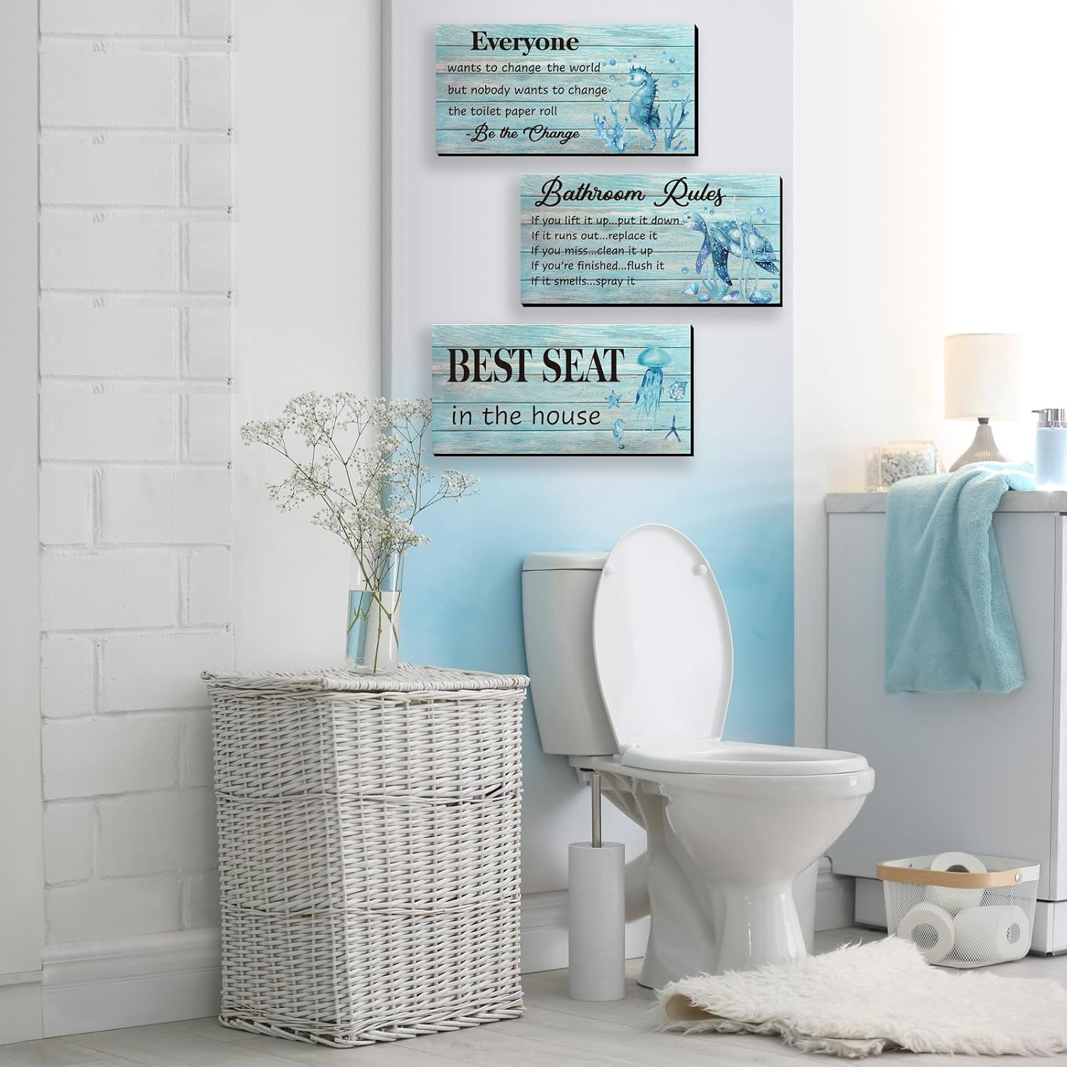 3-Piece Teal Sea Turtle Wall Art – Funny Ocean Beach Bathroom Rules Signs – Best