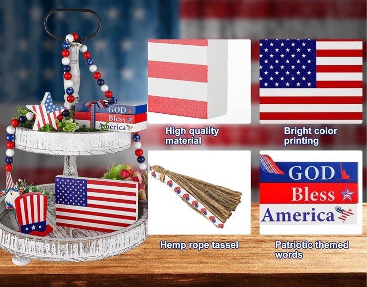 Patriotic 5-Piece ‘Tiered Tray’ Decor USA Flag Wood Signs & Garland *Labor Day*