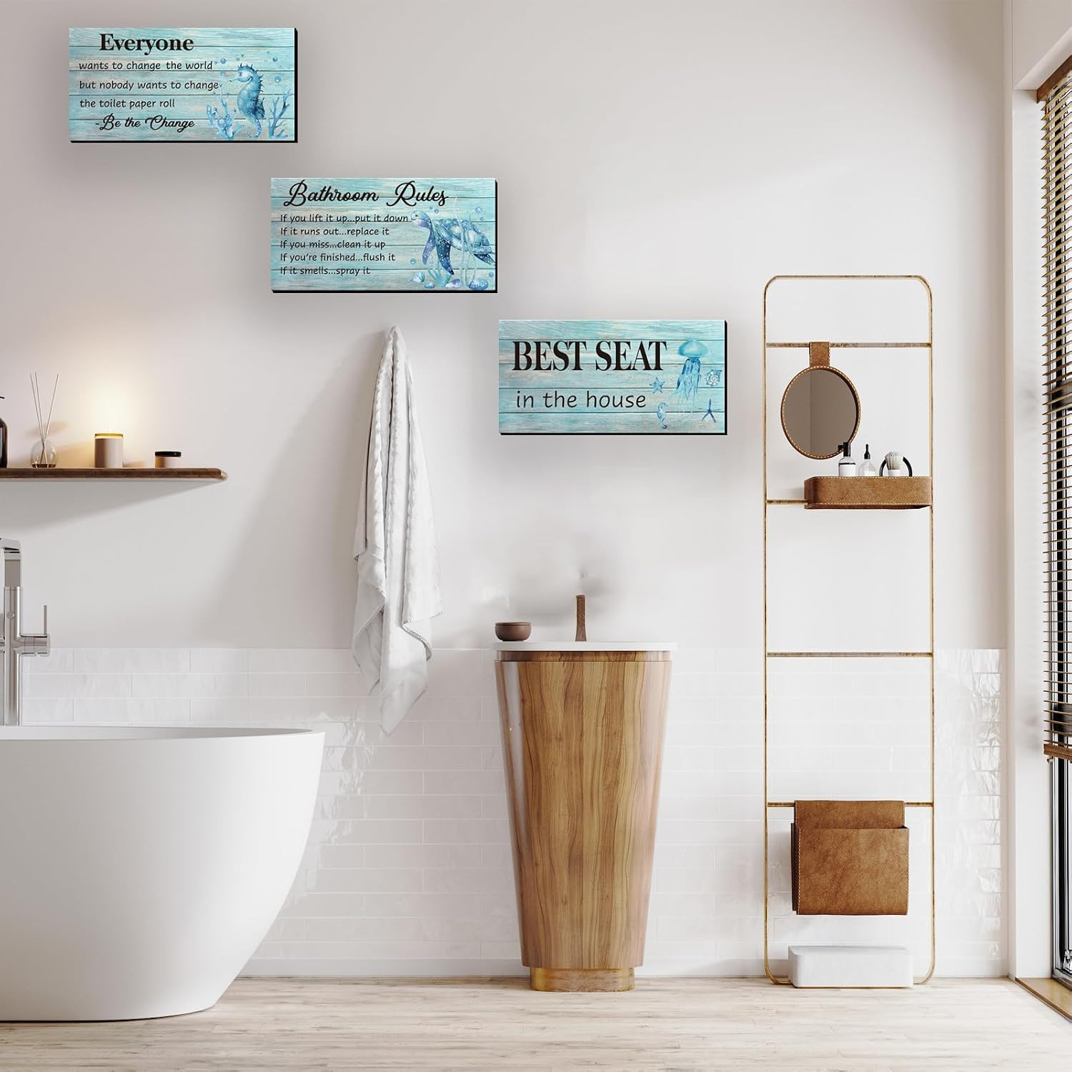 3-Piece Teal Sea Turtle Wall Art – Funny Ocean Beach Bathroom Rules Signs – Best