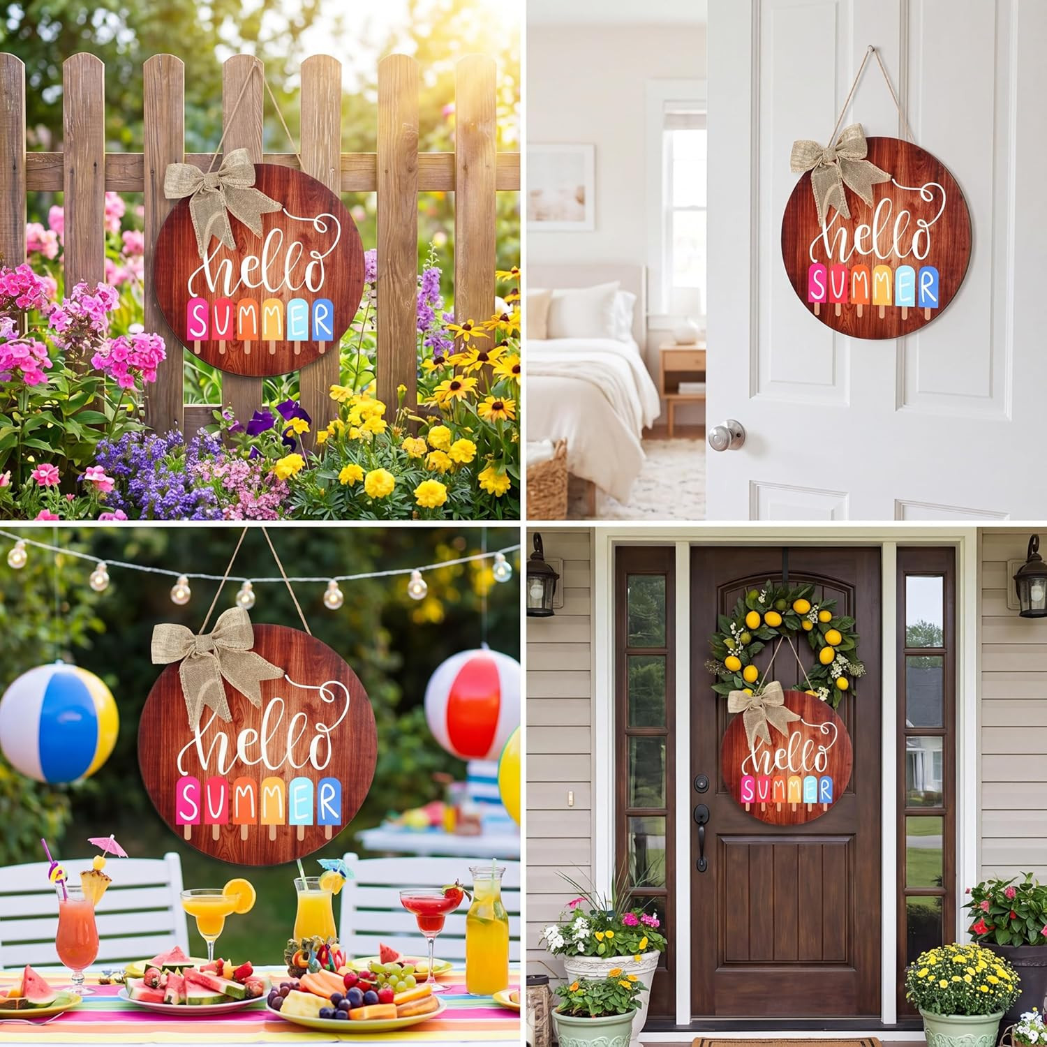 Hello Summer Sign, Cute Ice Cream round Wooden Door Hanger 12″ with Linen Bow, R