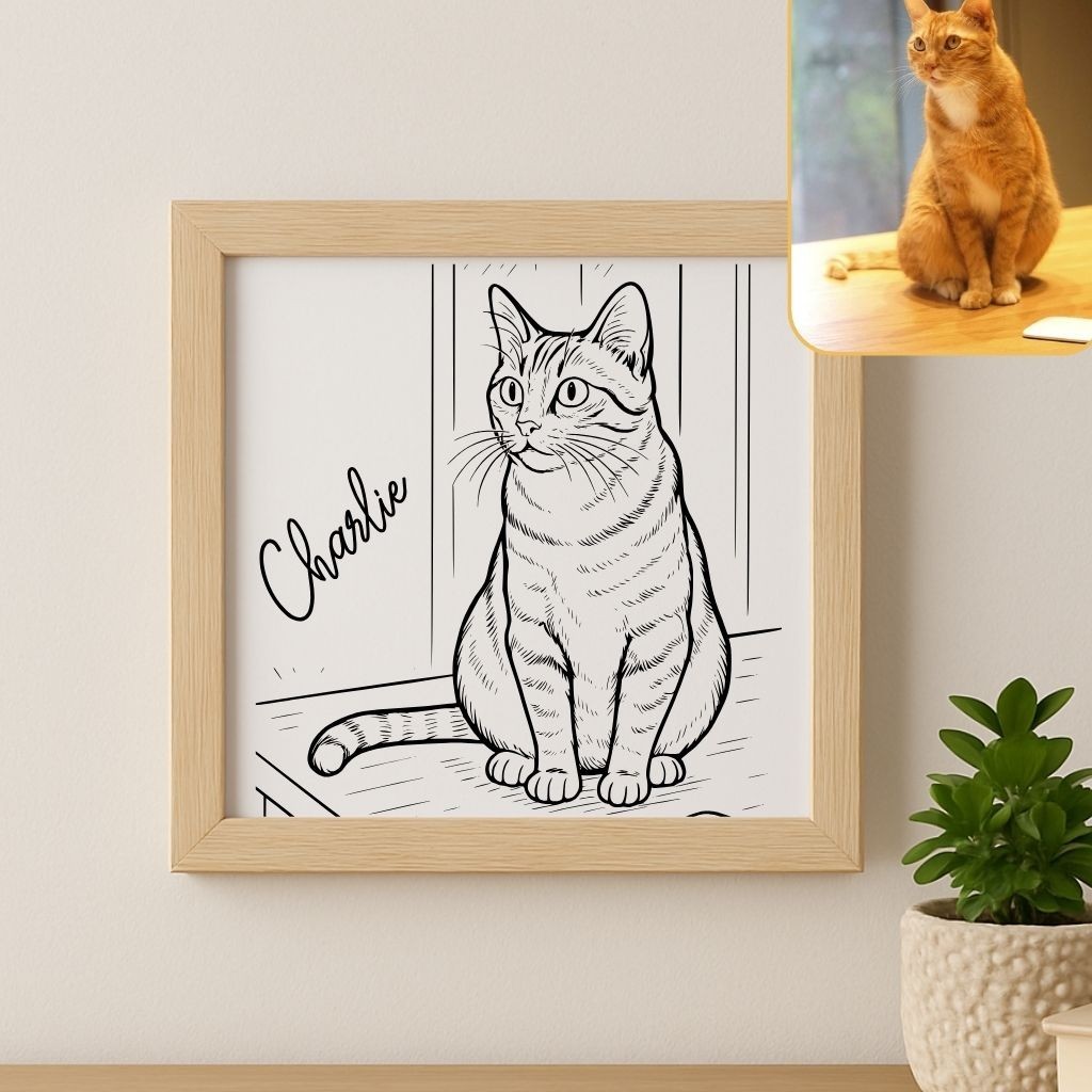 Personalized Cat Portrait from Your Photo Laser Engraved on Wood Panel in Frame