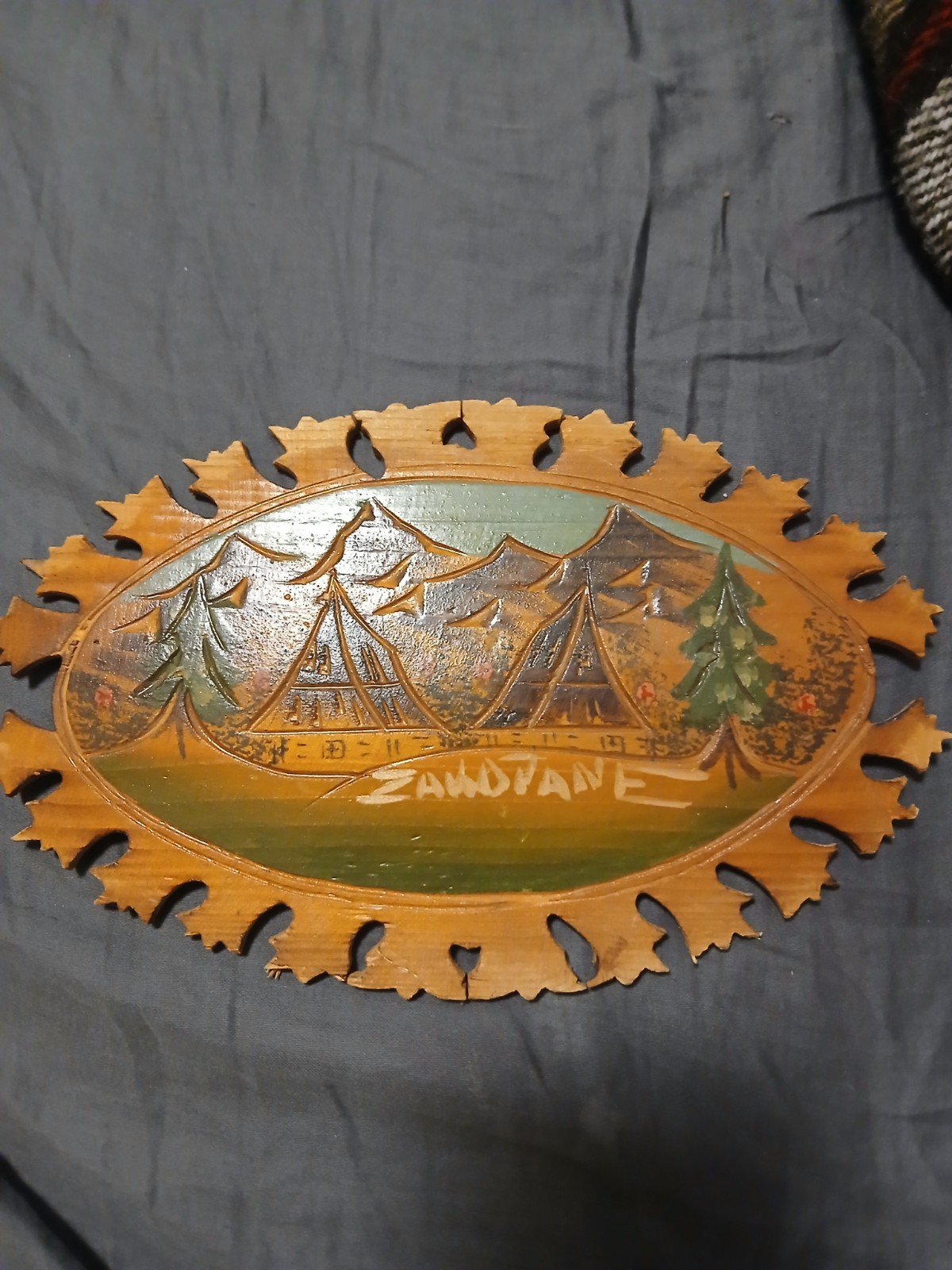 Rustic Polish Oval Painted Wood Wall Plaque Camping Landscape Cabin Pine Trees