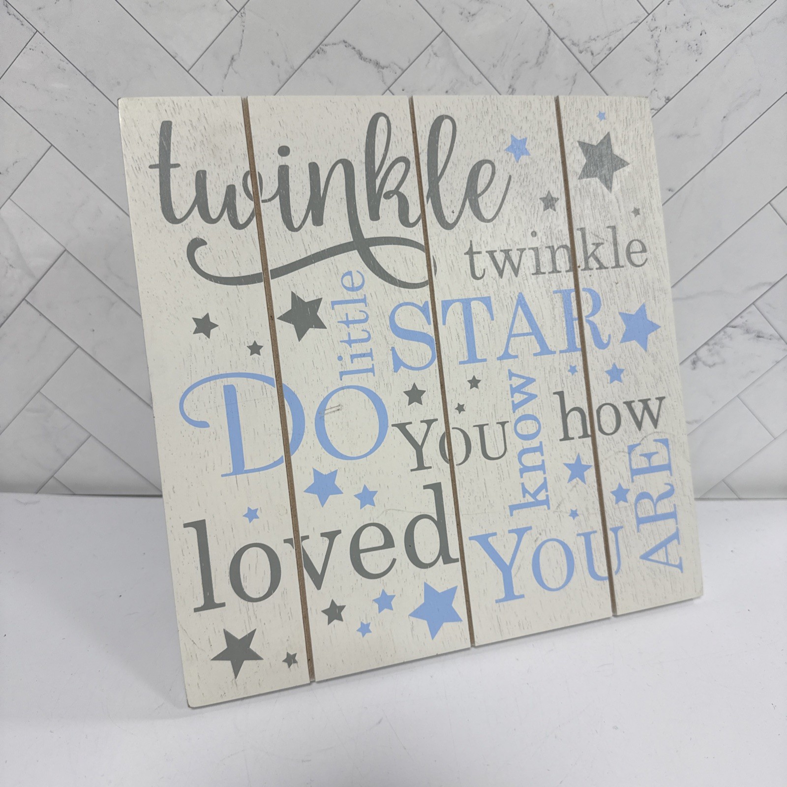 Twinkle Twinkle Little Star Wood Blue Gray Nursery Wooden Decor Sign 9″ x 9″