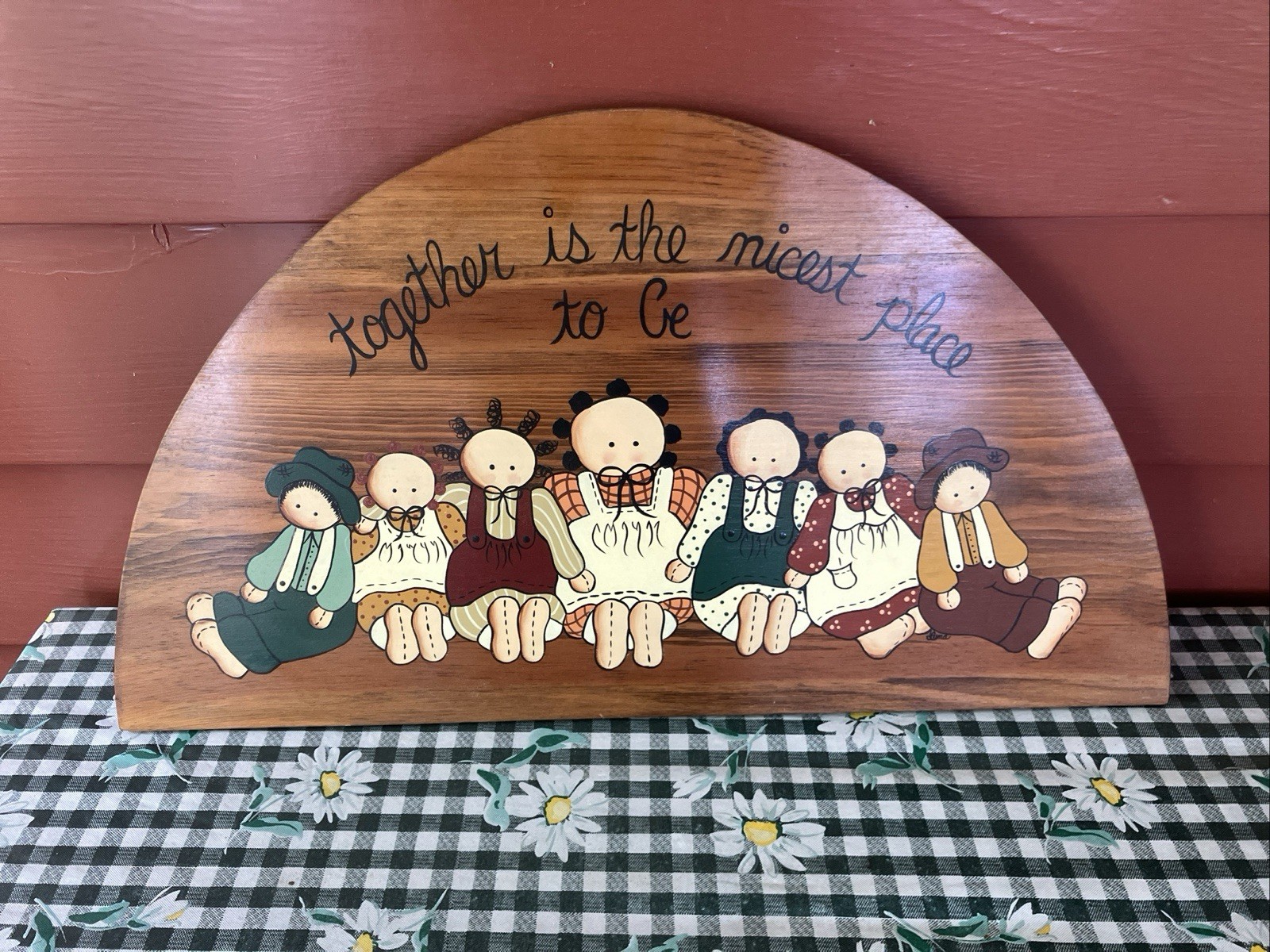 Vtg Folk Art Wooden Plaque Half Moon, Painted Children, Signed, Country Decor