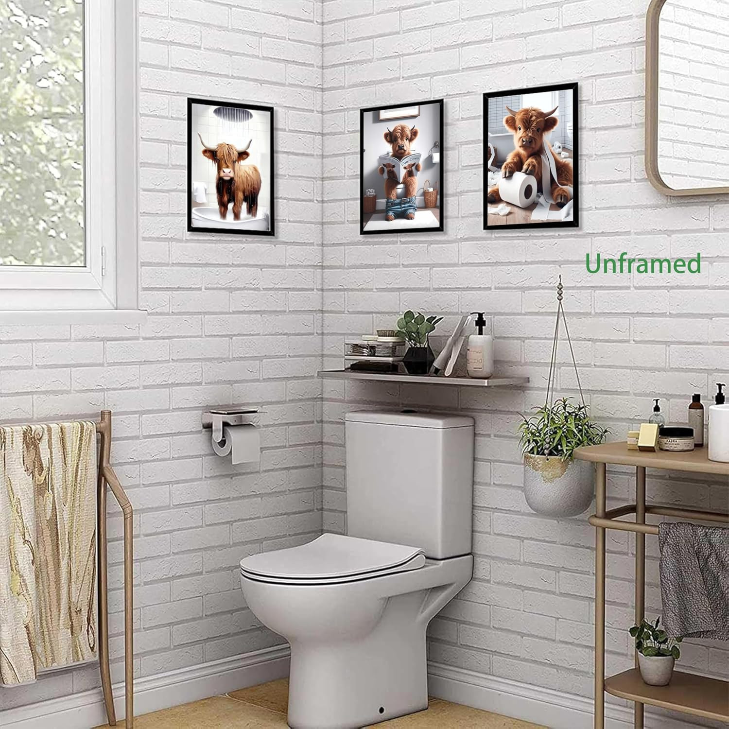 Funny Bathroom Cow Posters Wall Art Set of 9, Vintage Brown Highland Cow Canvas
