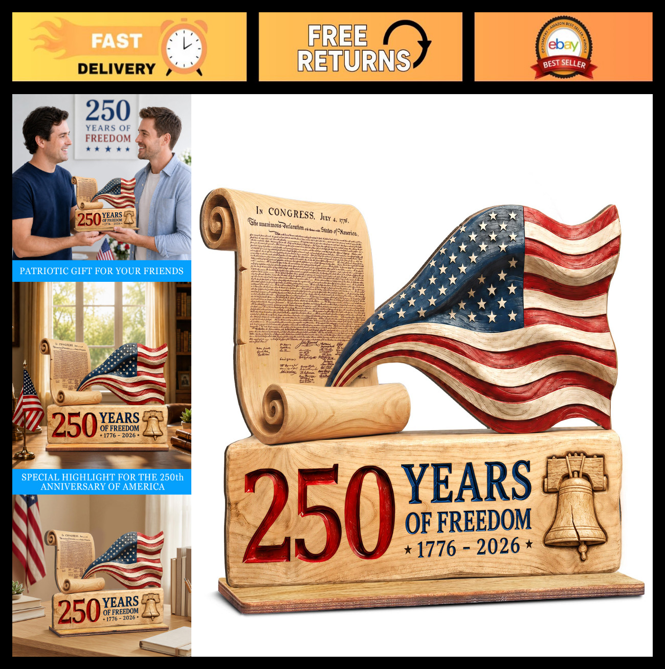 250th Anniversary USA Decorations – 9″ Wooden Sign, Patriotic 4th of July Decor,