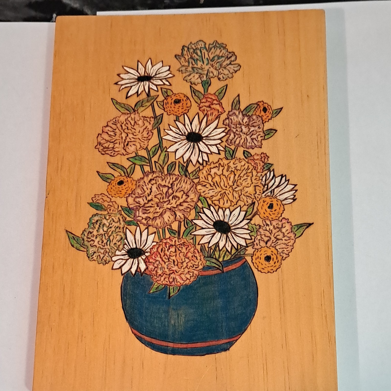 Wood Rectangle Wall Plaque Floral Bouquet in Blue Vase, Woodburning Picture