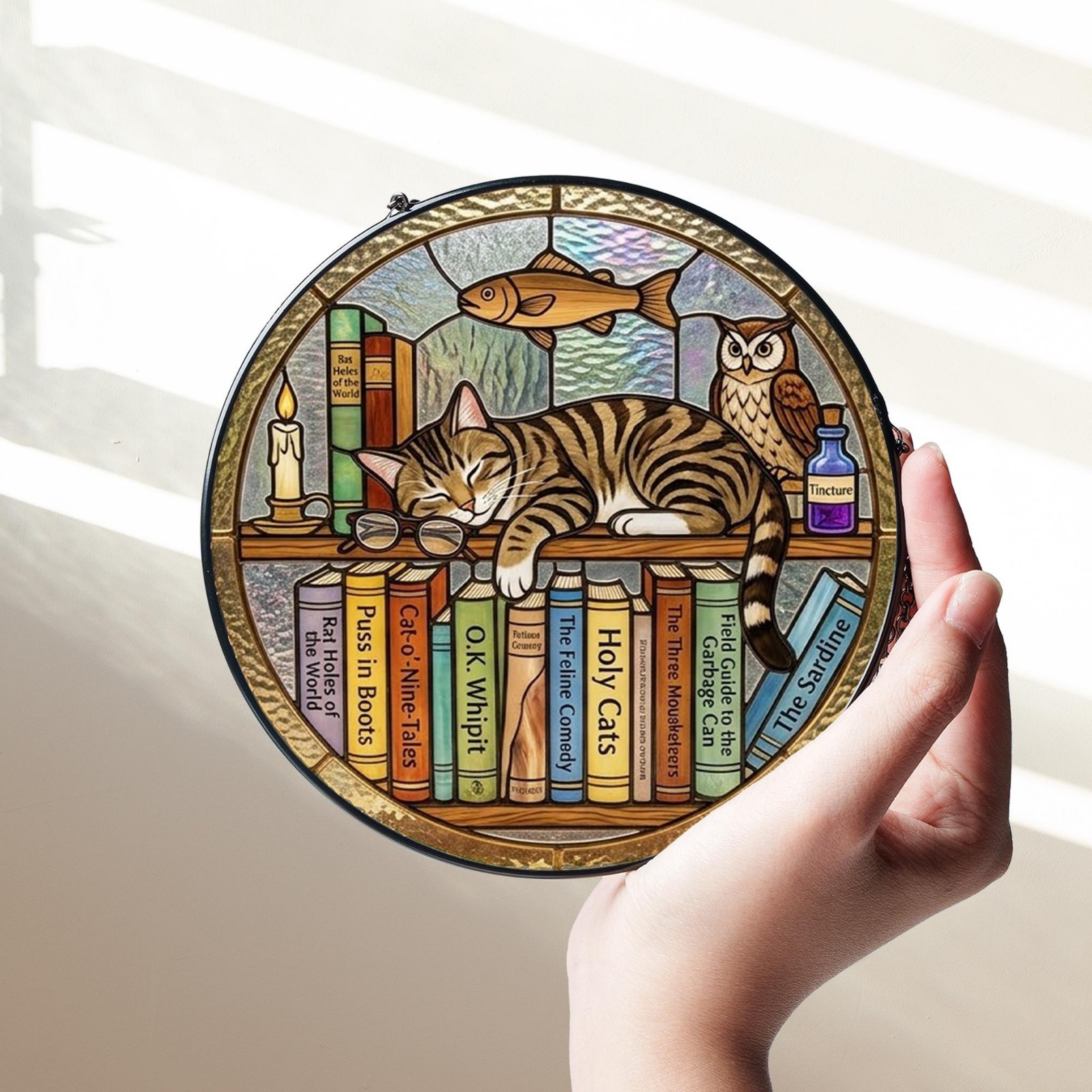 Sleeping Cat Bookshelf Stained Glass Suncatcher,Cozy Library Book Window Hanging