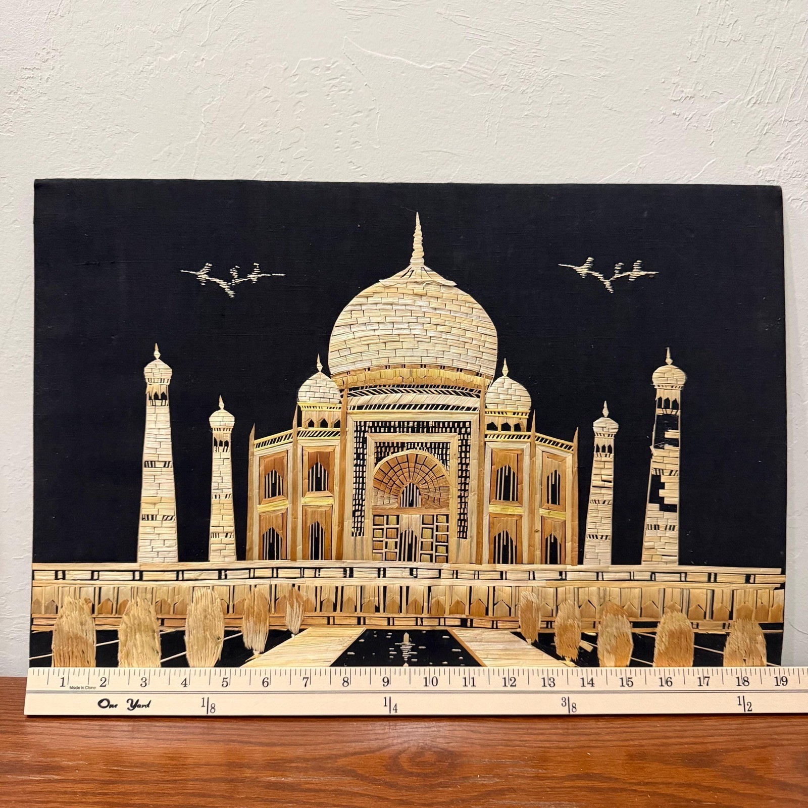 Vintage Straw Art Taj Mahal Wall Hanging India Reed Mosaic Mid Century Handmade