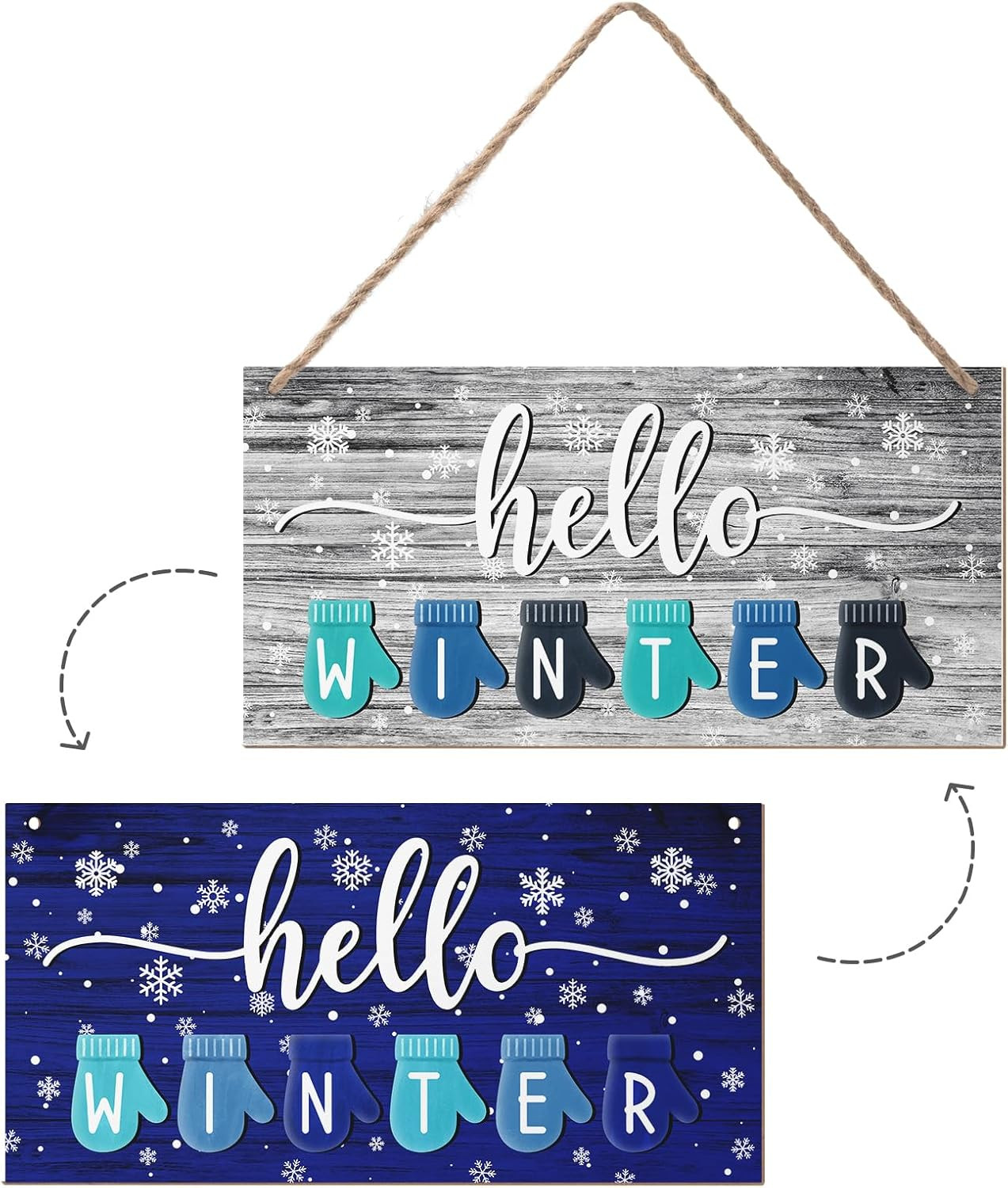 Hello Winter Welcome Sign for House 12 X 6 Inches Winter Snowflake Rustic Wood S