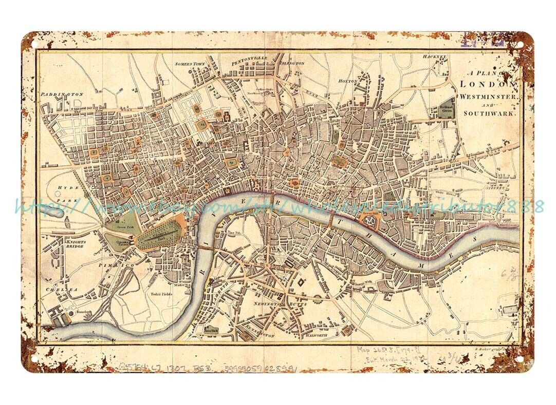 artwall 1807 map A plan of London, Westminster, and Southwark metal tin sign