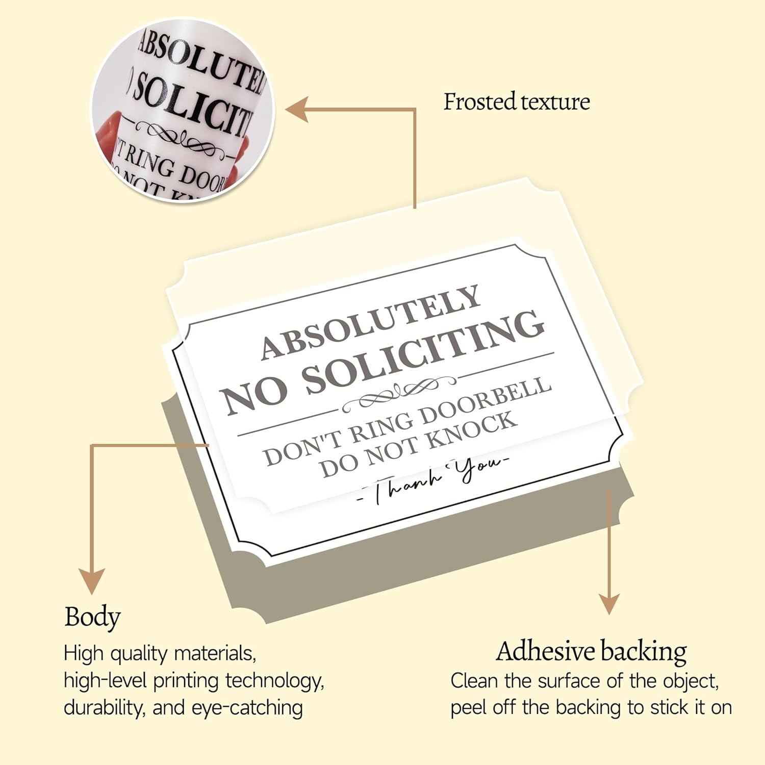 Durable No Soliciting Sticker, Self-Adhesive for Doors & Windows – 5.1×3.5 in