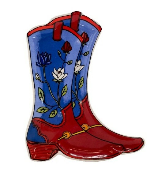 The Pioneer Woman Dolomite Floral Boots Decorative Plate Red & Blue 5.5 X 7 New