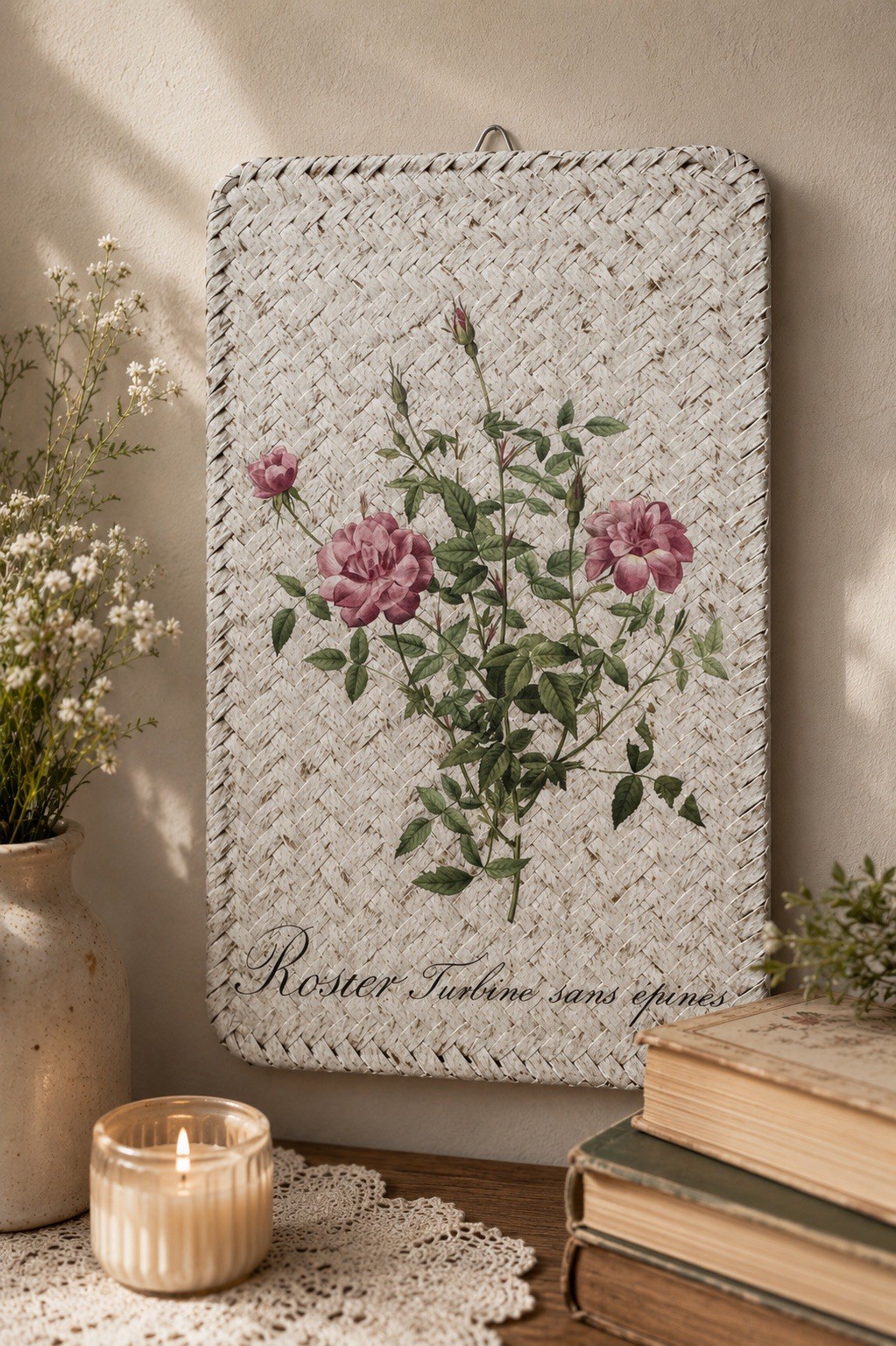 French Cottage Rose Wall Decor Wicker Plaque Floral Botanical Hanging 10×6