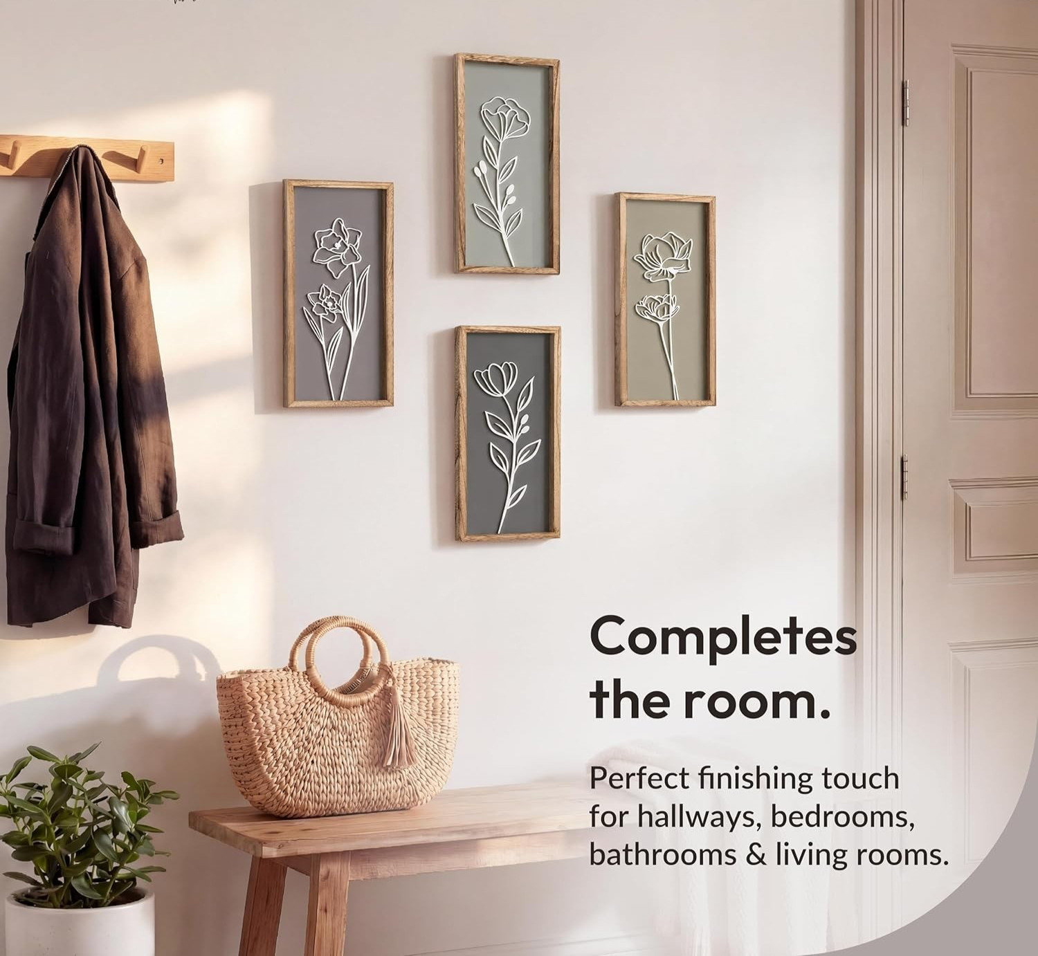3D Wooden Floral Bathroom Wall Decor (Set of 4) Lightweight, Ready-to-Hang Frame