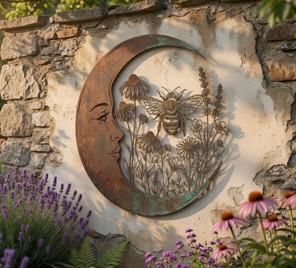 Crescent Moon Bee Wall Decor, Wildflower Garden Art, Rustic Outdoor Metal Sign