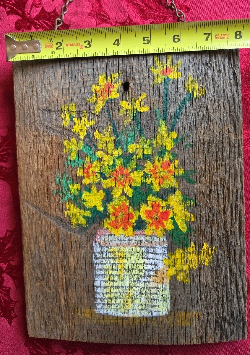 Rustic Reclaimed Wood Artist signed Handpainted flower Bouquet Wall Art Decor