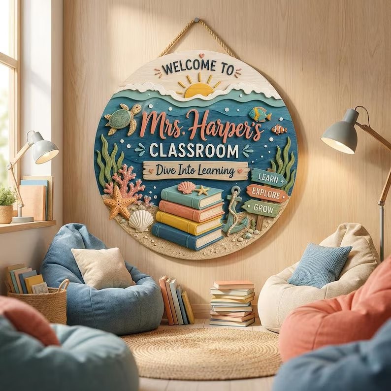 Custom Teacher Door Hanger, Beach Classroom Wooden Sign, School Gift