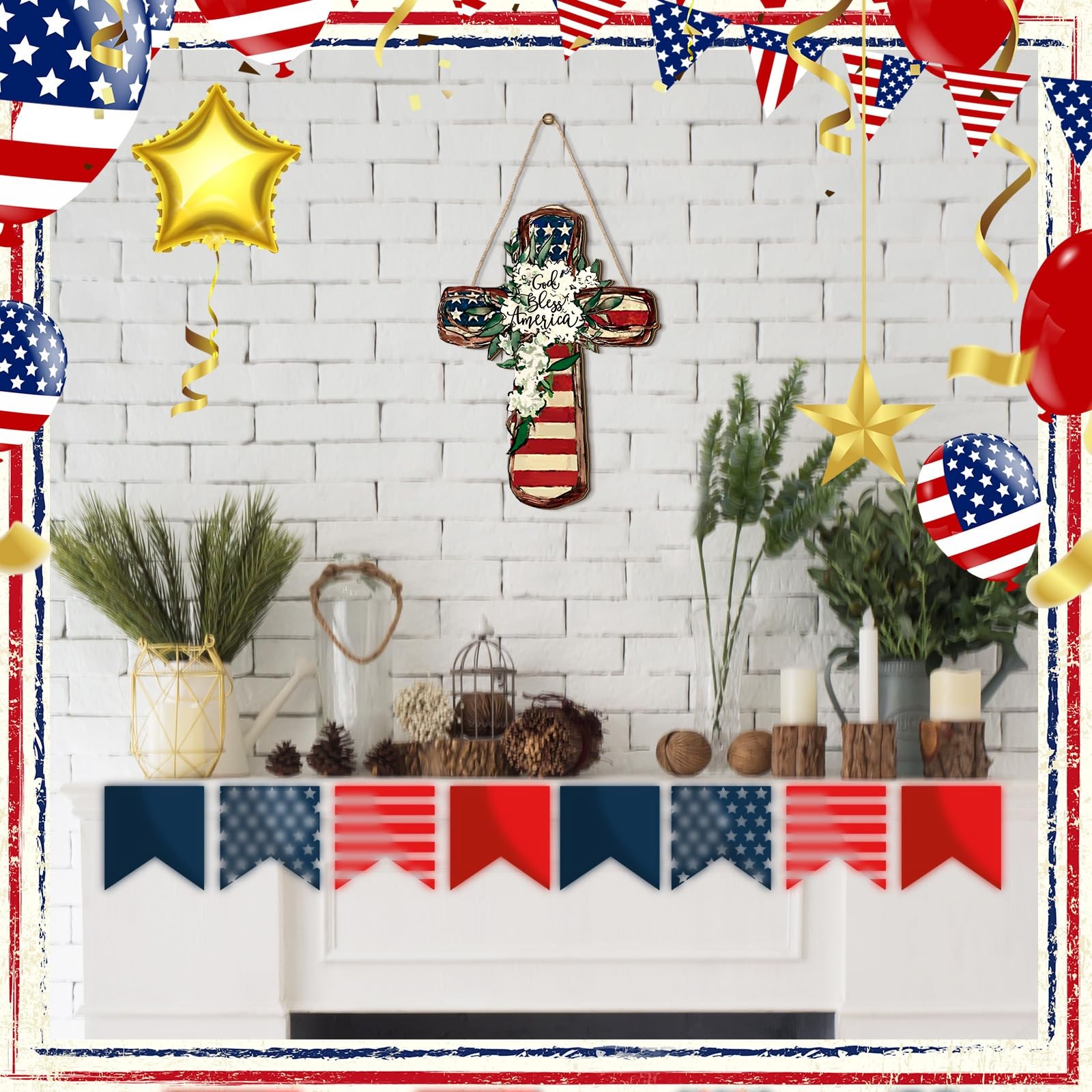 4Th of July Door Sign Patriotic Wreath God Bless American Door Hanger Wooden Pla