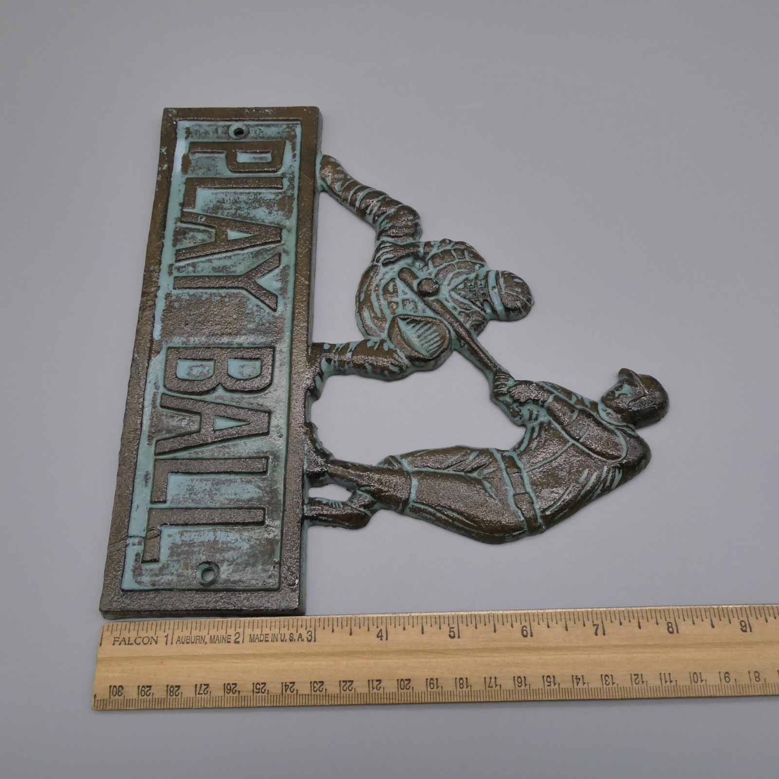 PLAY BALL Baseball Cast Iron Wall Plaque Batter Catcher Brown Green Patina 8.5″