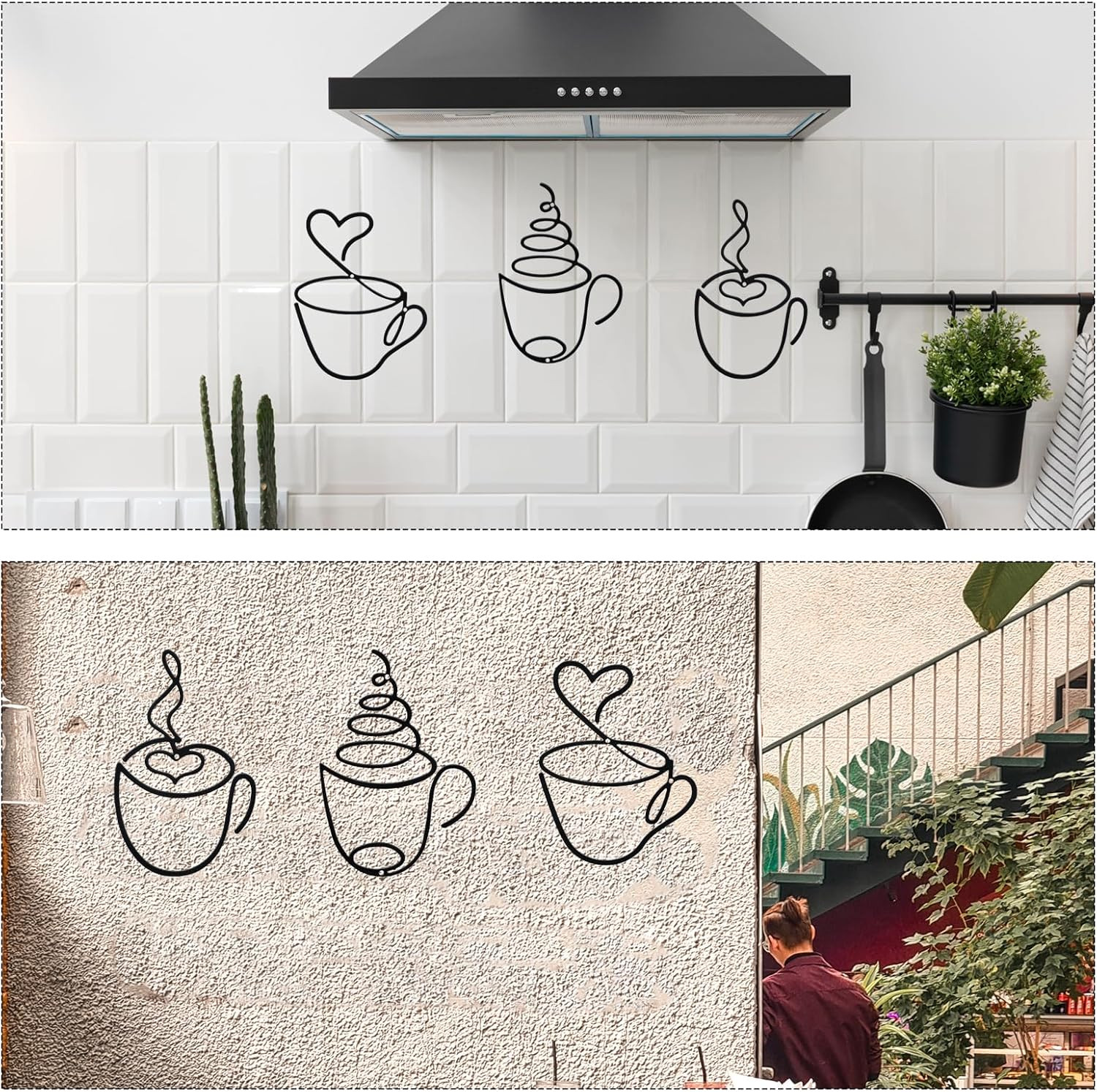 3 Pcs Coffee Cup Metal Wall Art Metal Coffee Sign Wire Hanging Bar Decor Vintage