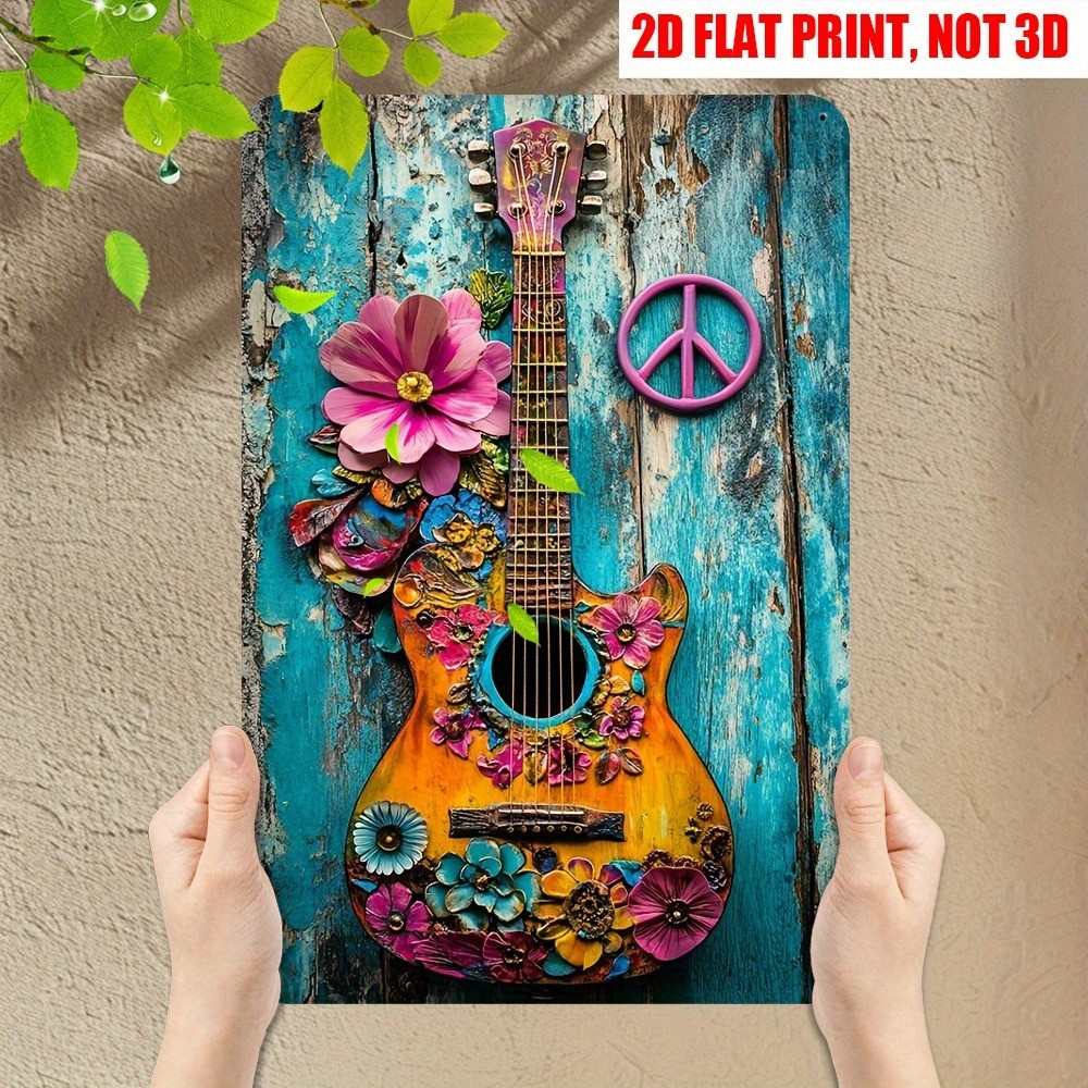 Boho Floral Guitar Metal Sign Peace Sign Hippie Wall Art Retro Music Room Decor