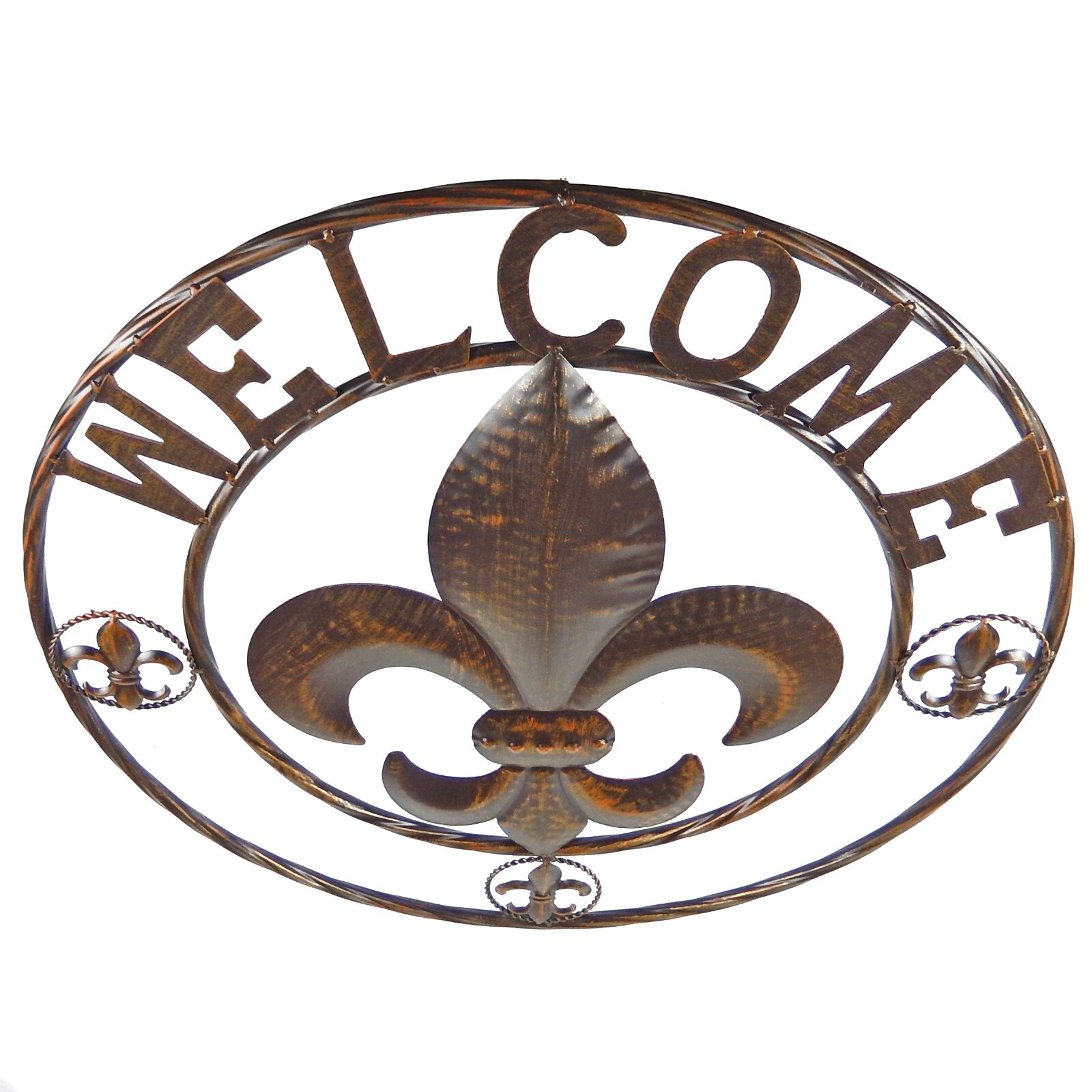 24″ Metal Fleur De Lis Welcome Sign Plaque Wall Mount French Decor Rustic Brown