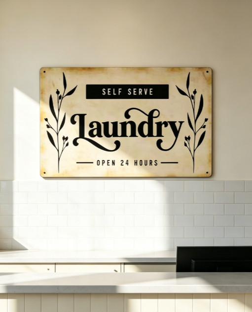 Laundry Room Metal Tin Sign Wall Decor Self Serve Open 24 Hours Wall Plaque
