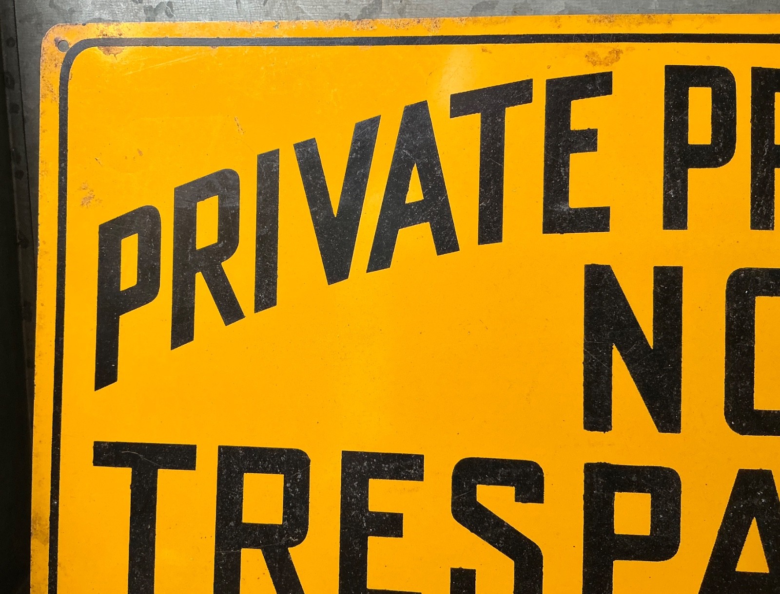Vintage Steel/Tin Orange Private Property No Trespassing Sign Indus 14×7 1980’s