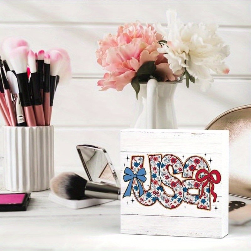 Floral USA Patriotic Wooden Box Sign 4th of July Red White Blue Bow Home Decor