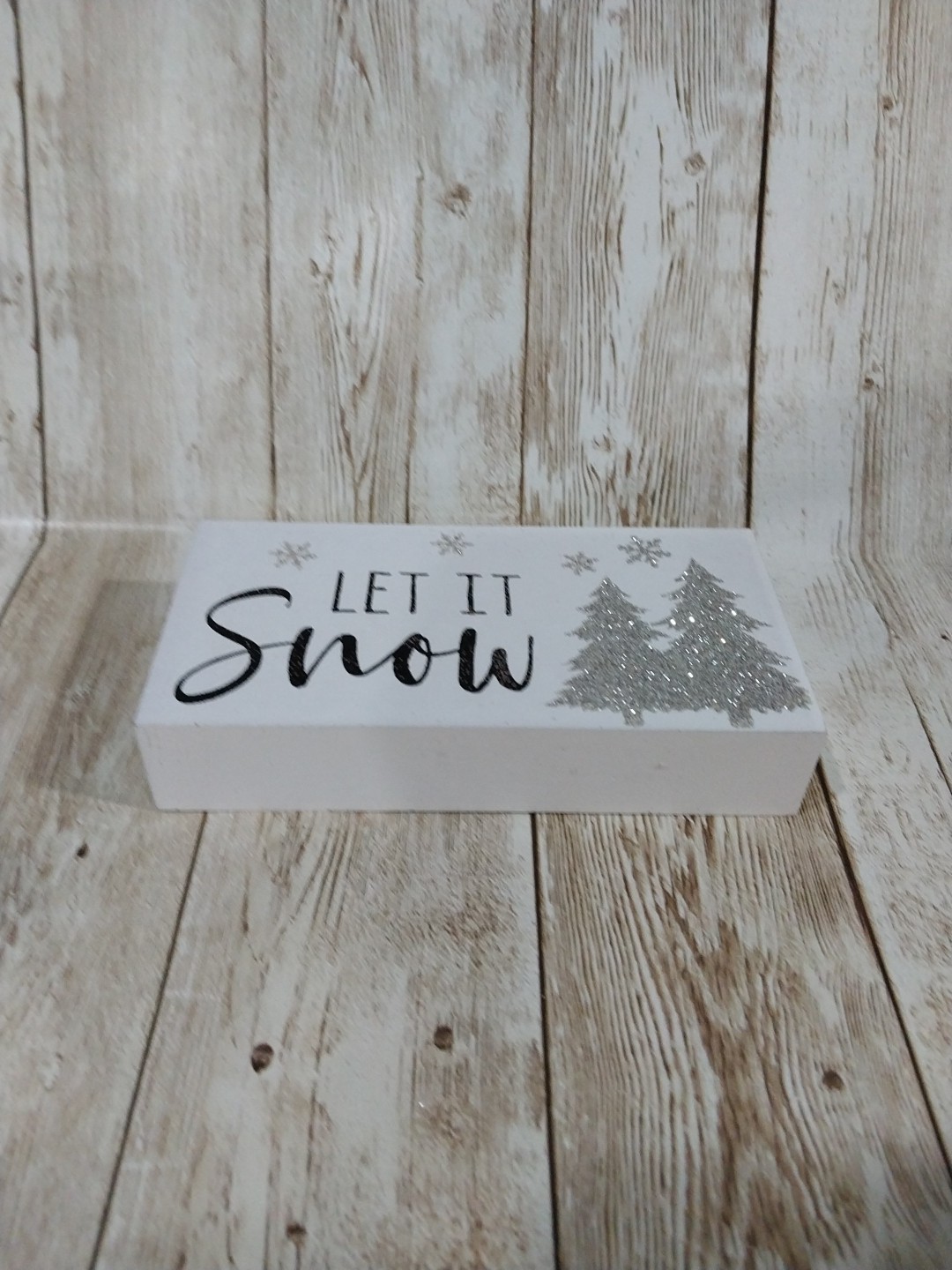 New! “Let It Snow” Snowflake Winter Christmas Wood Sign Decor Trees Tray Glitter