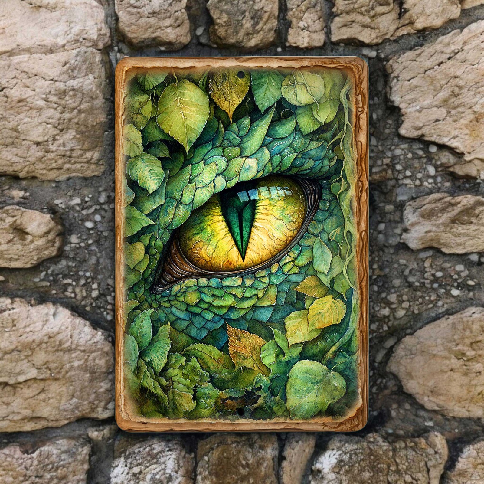 Dragon Metal Sign – Green Dragon Eye in Leaves Fantasy Wall Decor, 8×12 Inches