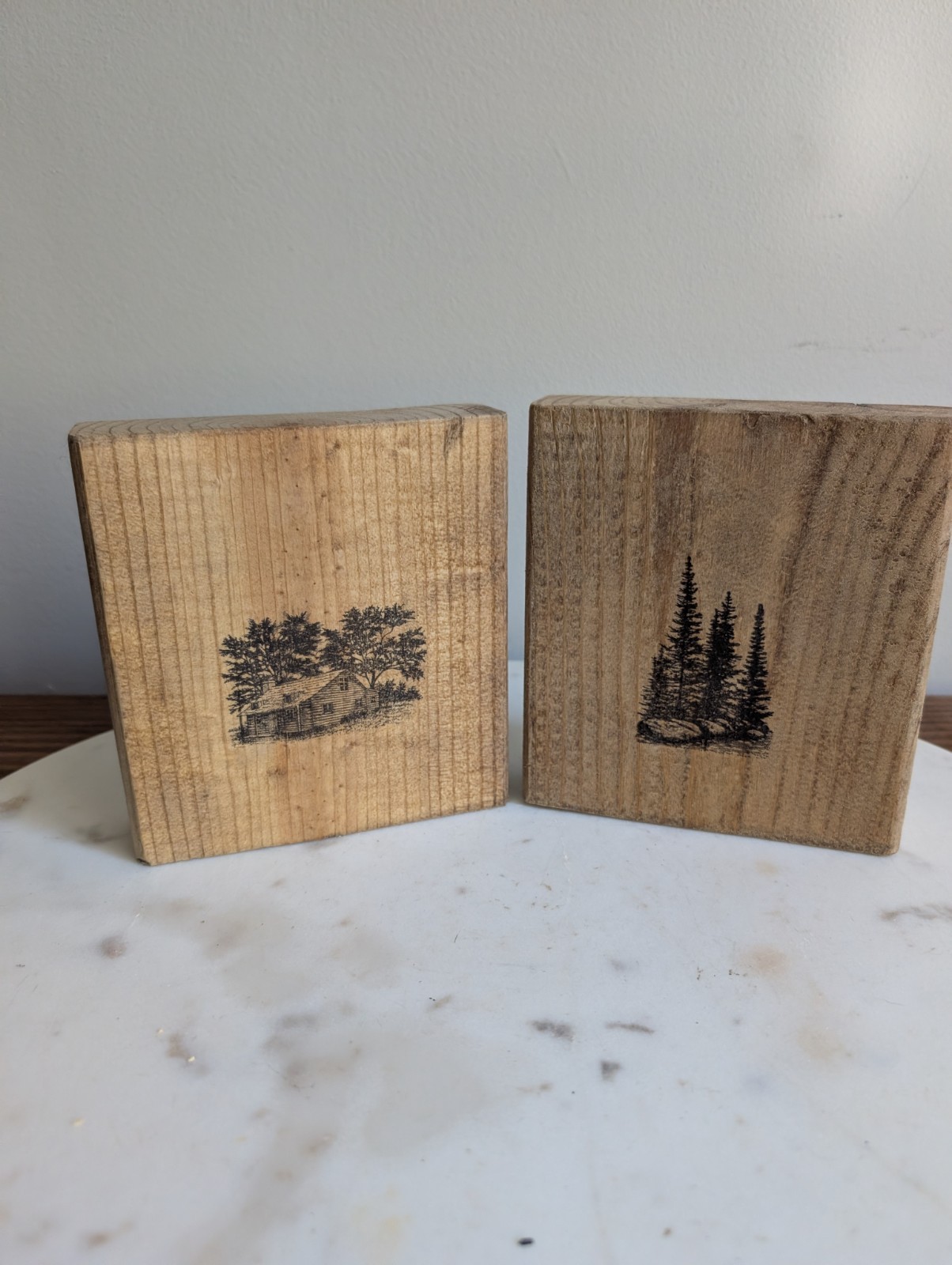 Pair Rustic Wood Block Signs Cabin Pine Tree Hand Stamped Shelf Sitter Decor