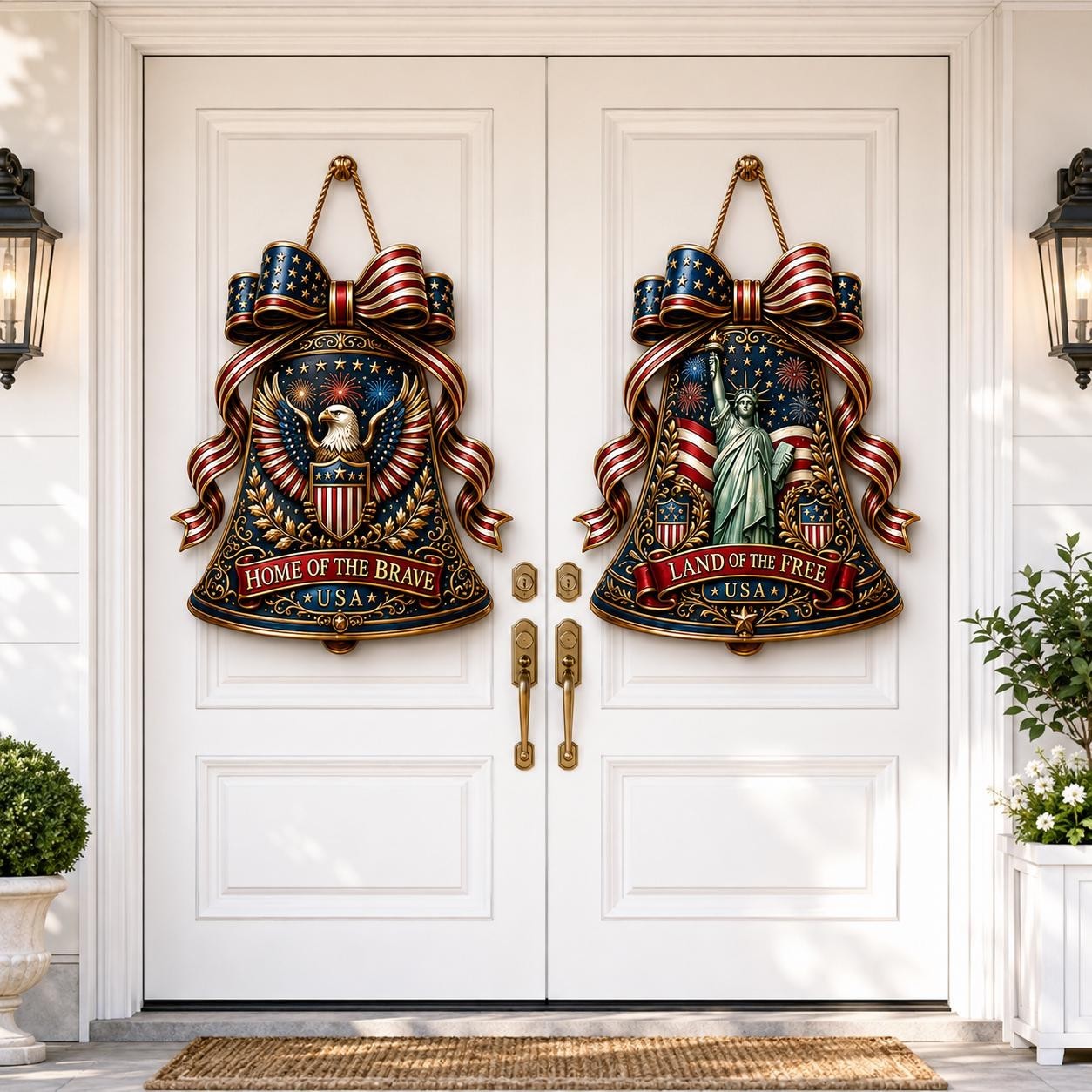 America 250th Anniversary Bell Sign, Patriotic Front Door Hanger, USA 1776-2026
