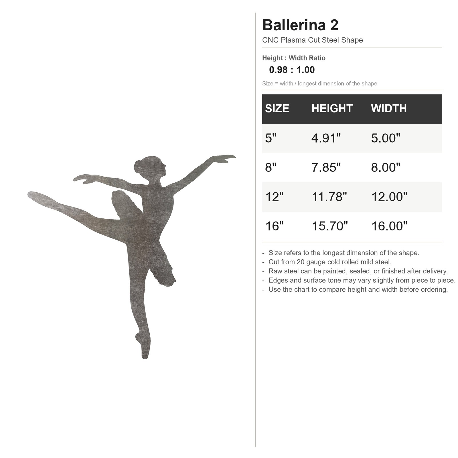 Ballerina 2 Steel Cutout Shape, Raw Metal Wall Art and Craft Supply