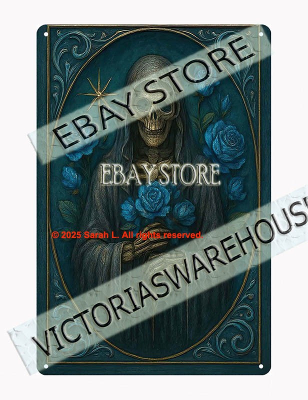 Gothic skull butterfly tin sign dark floral spiritual wall decor