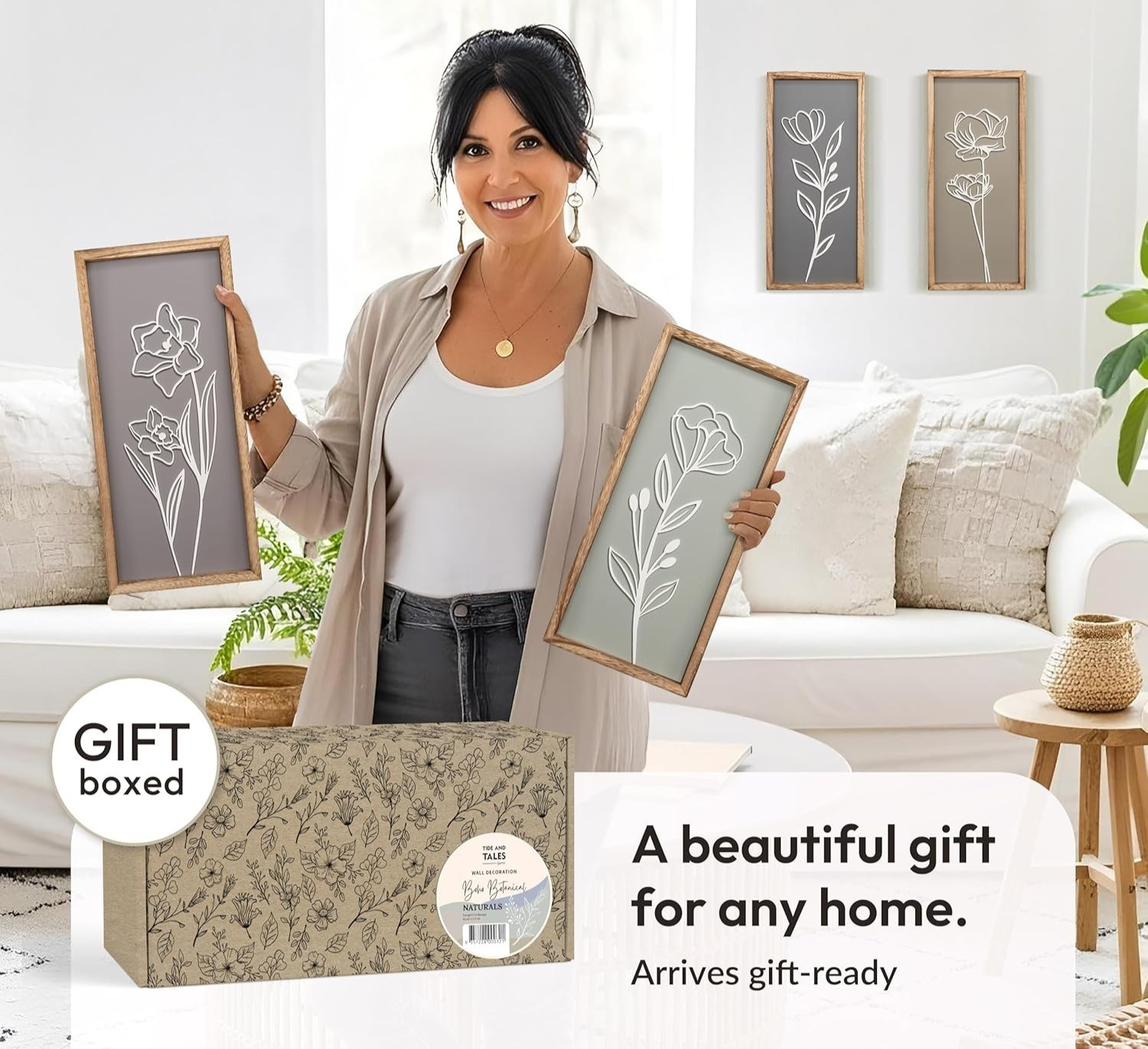 3D Wooden Floral Bathroom Wall Decor (Set of 4) Lightweight, Ready-to-Hang Frame