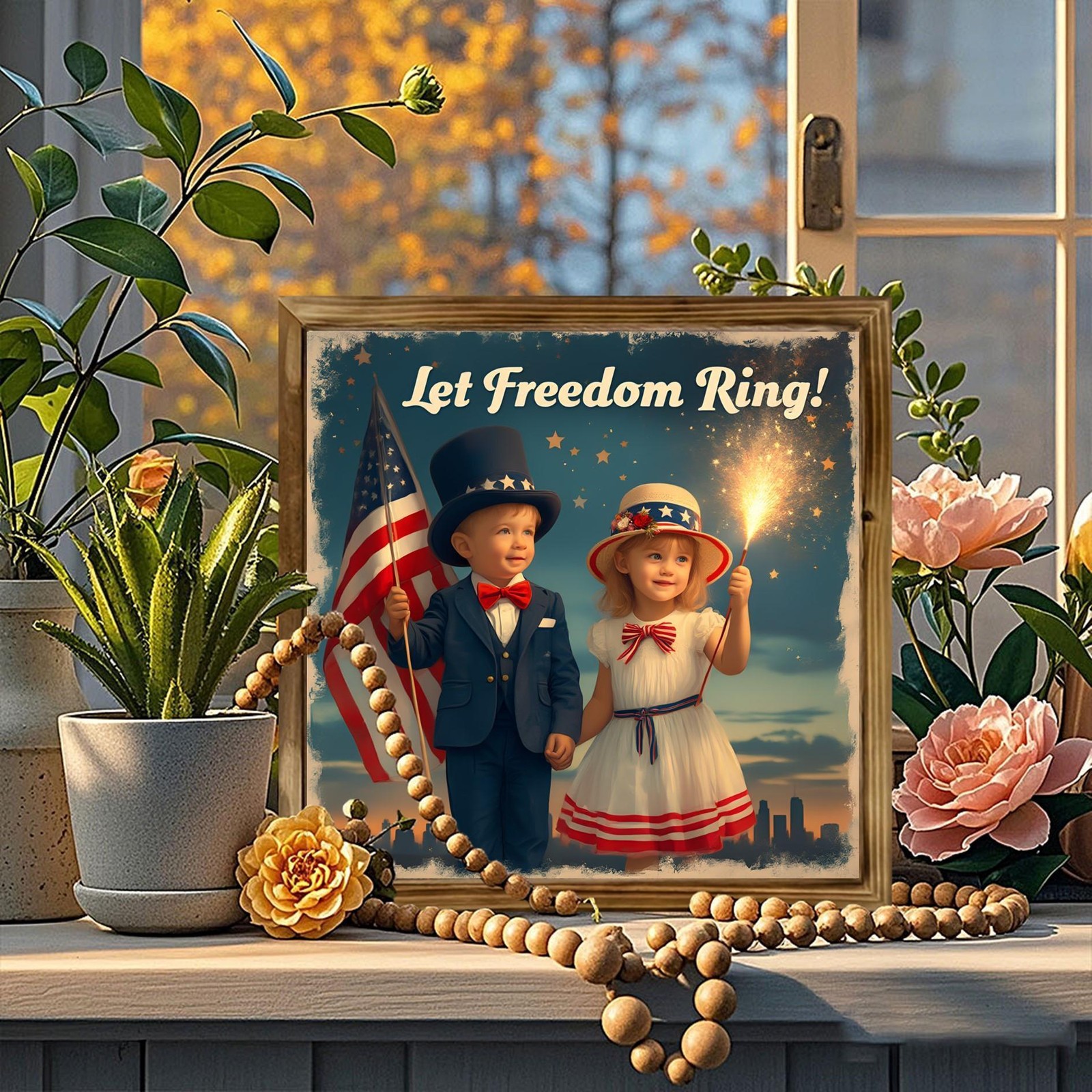 2D Charming Patriotic Holiday Wooden Framed Sign Home Office Wall Art Decoration