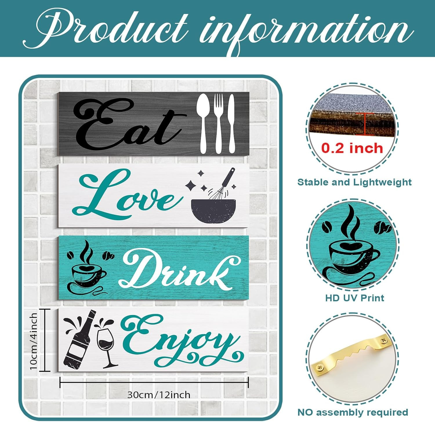 Kitchen Decor Dining Room Wall Art Rustic Wooden Hanging Teal Turquoise Kitchen