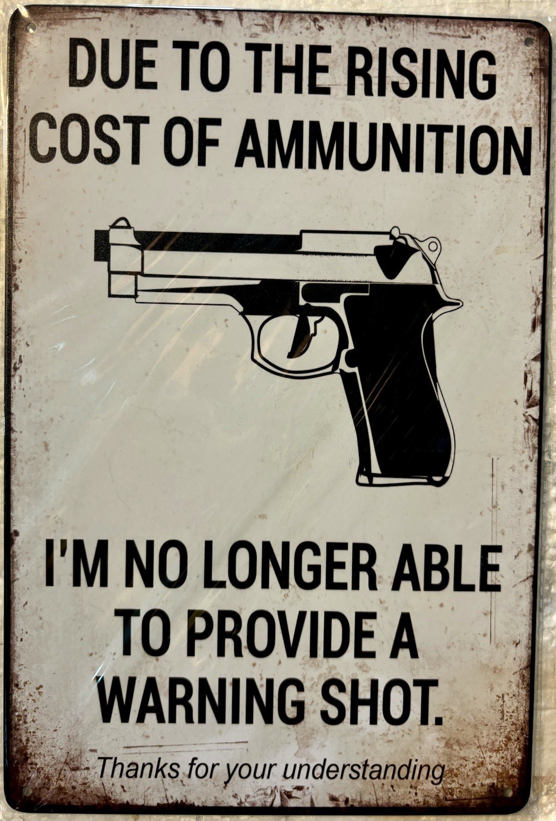TIN SIGN 8×12 Gun Pistol 9mm Ammunition Funny Warning Home Security Shoot #DD2