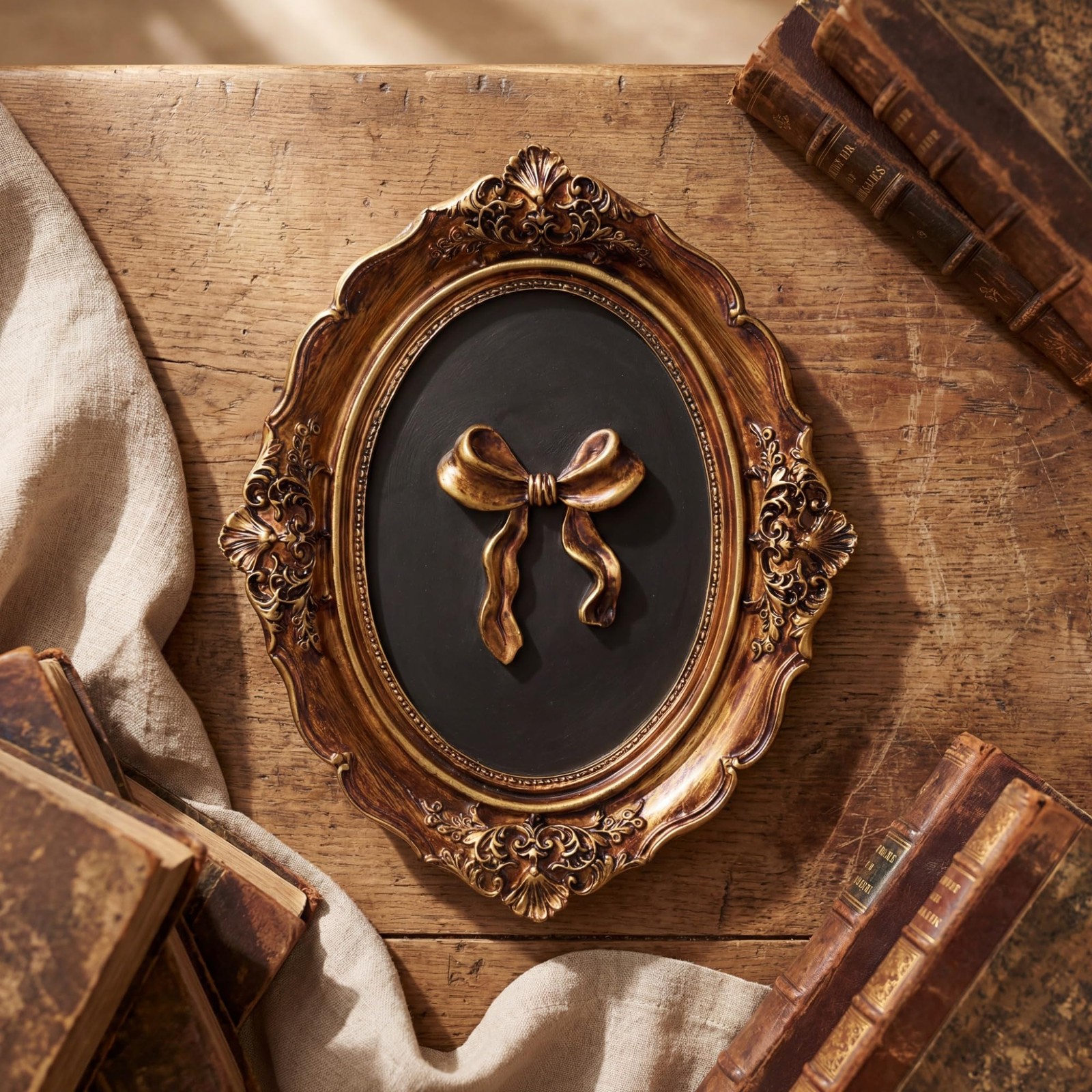 Oval Wall Decor Frame Gold Bow Sculpture Antique Style Home Hallway Art