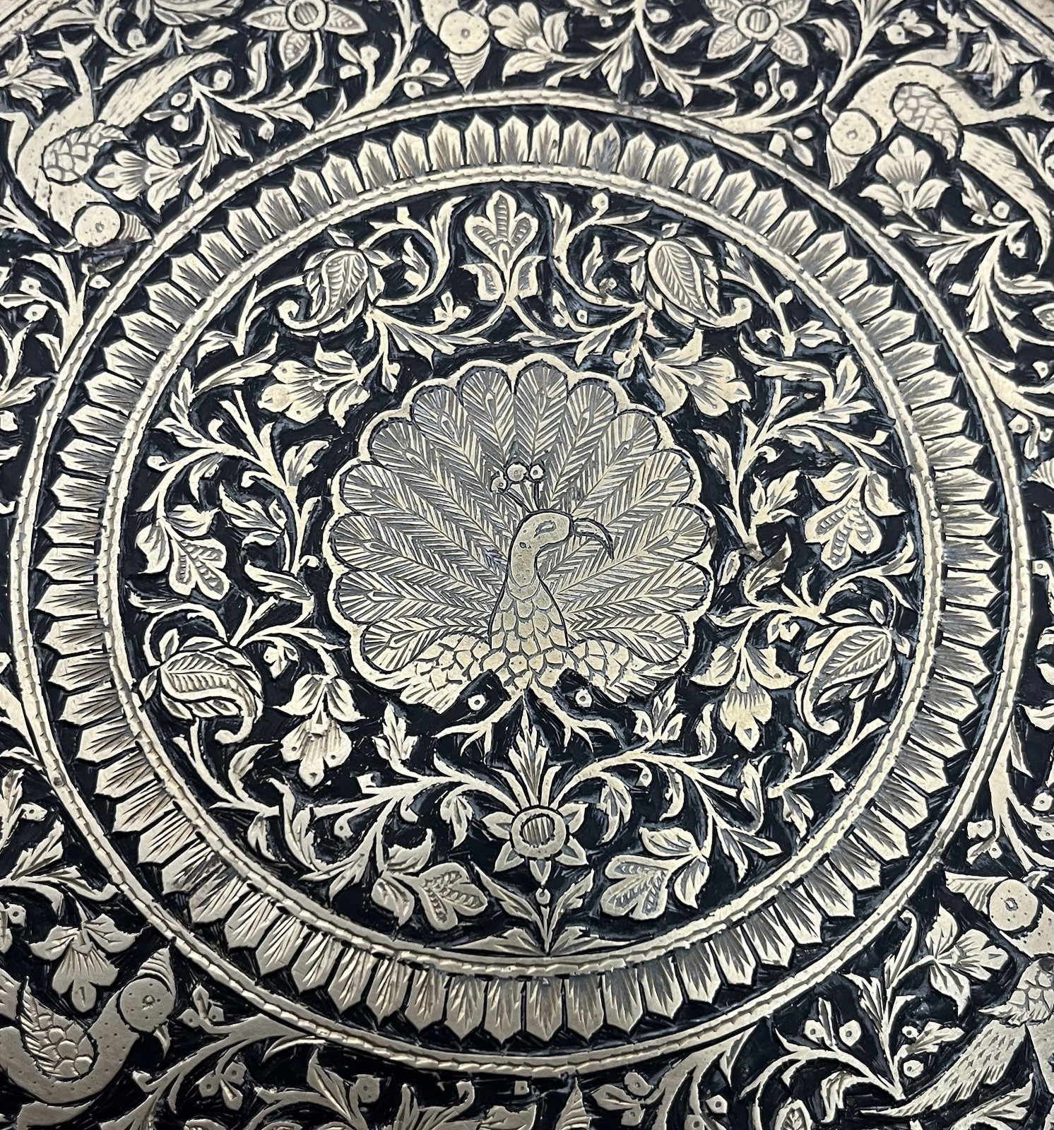 Vintage Hand Engraved Brass Peacock Wall Charger Tray 12” India Decor